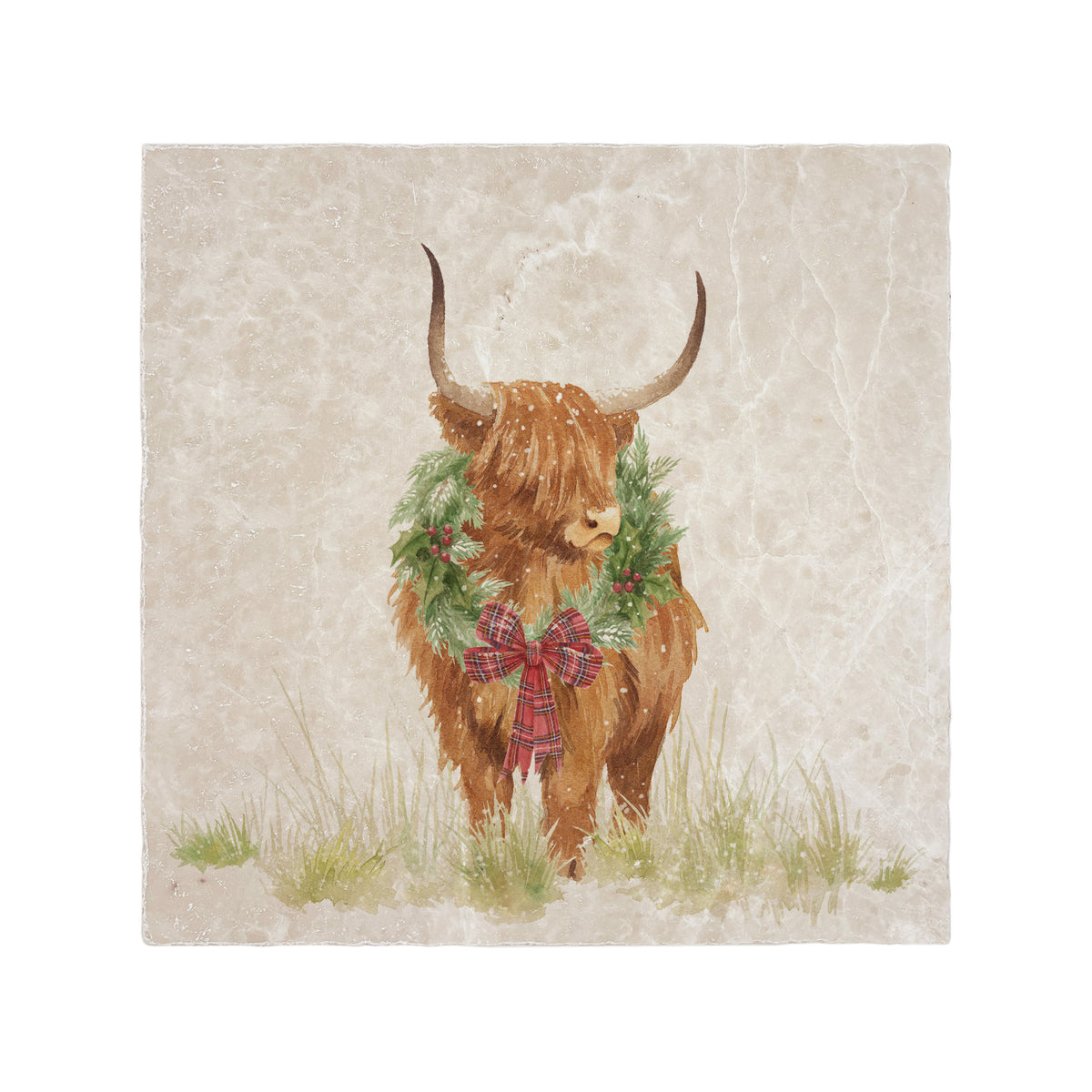 A large square marble placemat with a watercolour highland cow wearing a Christmas wreath around his neck.
