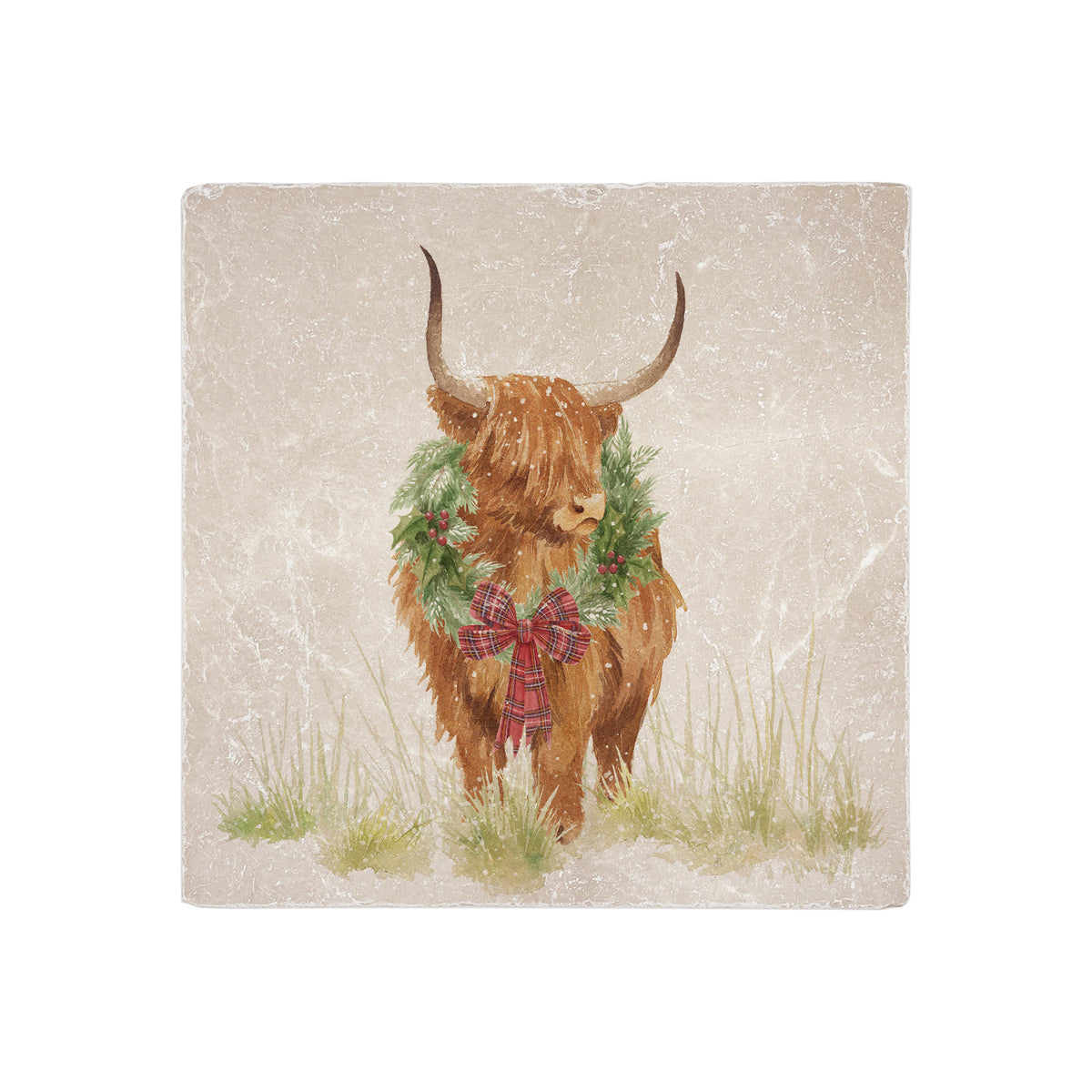 A square medium marble platter featuring a watercolour illustration of a Highland cow with a Christmas wreath around his neck.
