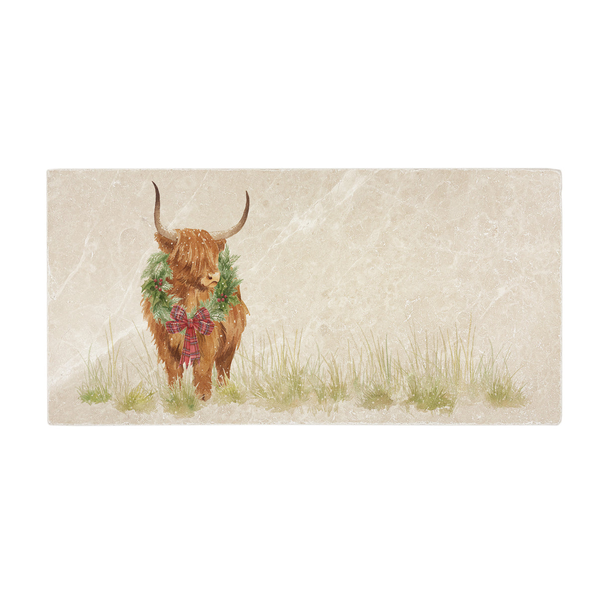 A rectangular marble sharing platter featuring a watercolour highland cow with a Christmas wreath and tartan bow around his neck.