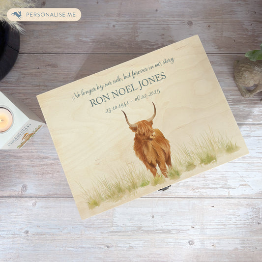 Wooden box with a lid featuring an illustration of a Highland Stag on a wooden background Perfect funeral memory keepsake box, for storing ashes, order of service, flowers, pictures.