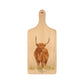 Handmade paddle board in Beech wood, featuring a water colour Highland Cow design with a hand tied luxury blue ribbon. perfect chopping board, charcuterie board, serving board and chopping board. 