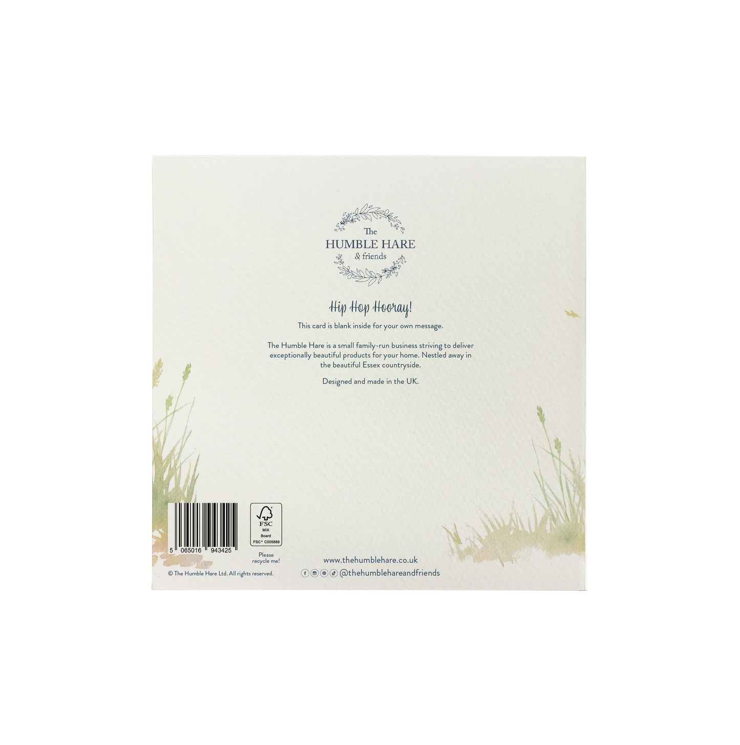 The back of a greetings card showing that the watercolour design wraps around onto the back of the card. The back of the card shows The Humble Hare logo and that the card is FSC certified.