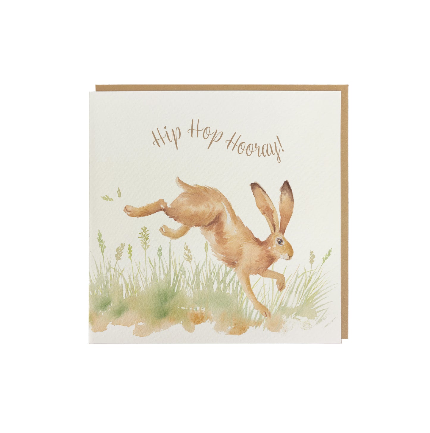 A greetings card reading Hip Hop Hooray in brown text above a leaping hare in a watercolour style. The card has a recyclable brown kraft envelope behind it.
