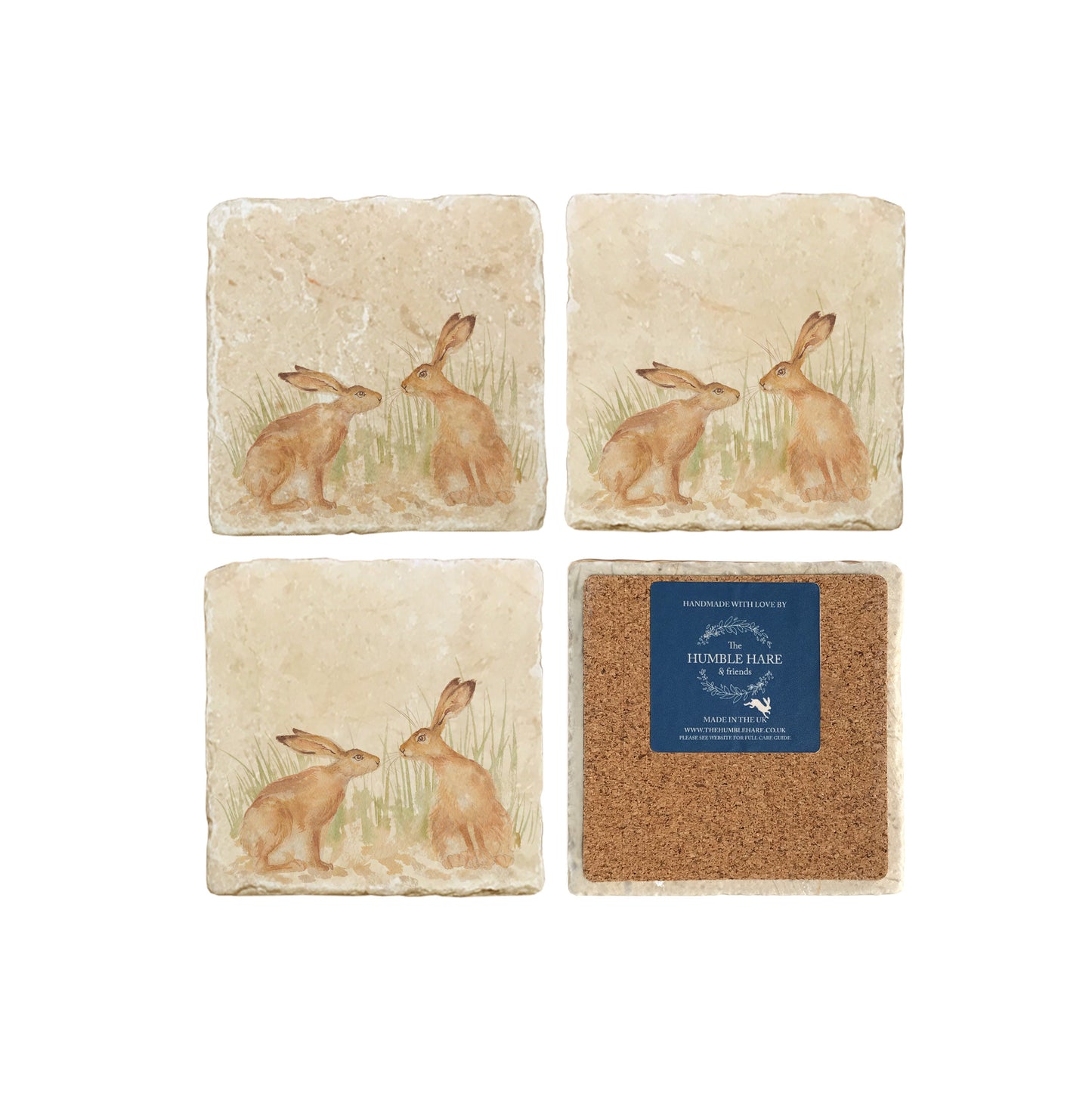 A set of four square marble coasters, featuring a watercolour design of two hares facing each other about to touch noses. One coaster is flipped to show that the coasters are backed with cork.