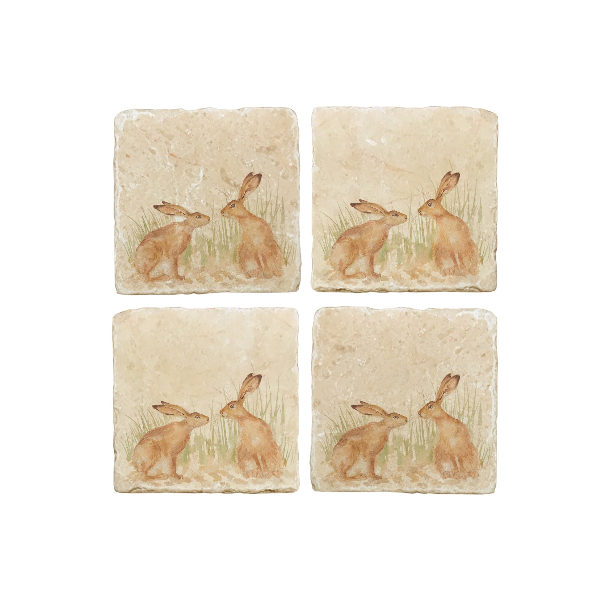 A set of 4 square marble coasters, featuring a watercolour design of two hares facing each other about to touch noses.