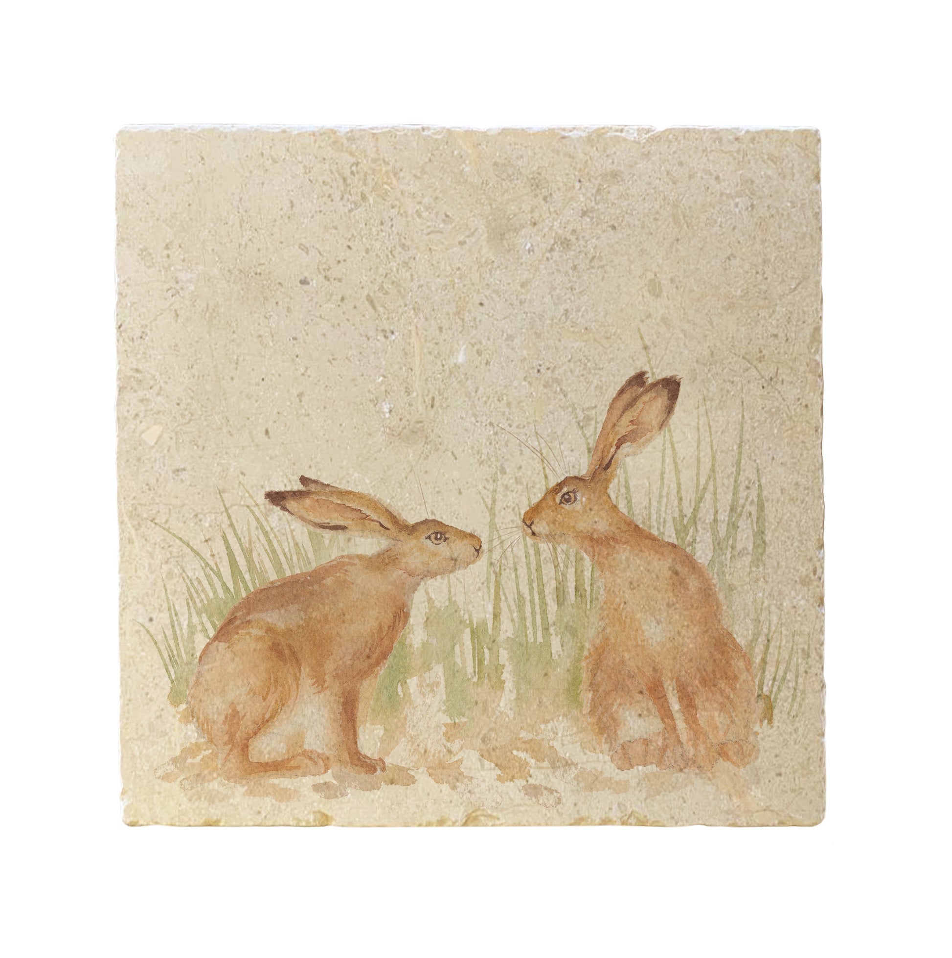 A square cream marble placemat featuring a watercolour countryside animal design of two hares facing each other about to touch noses.