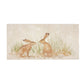 A handmade rectangle cream marble splashback tile featuring a watercolour countryside animal design of two hares in grass facing each other about to touch noses.