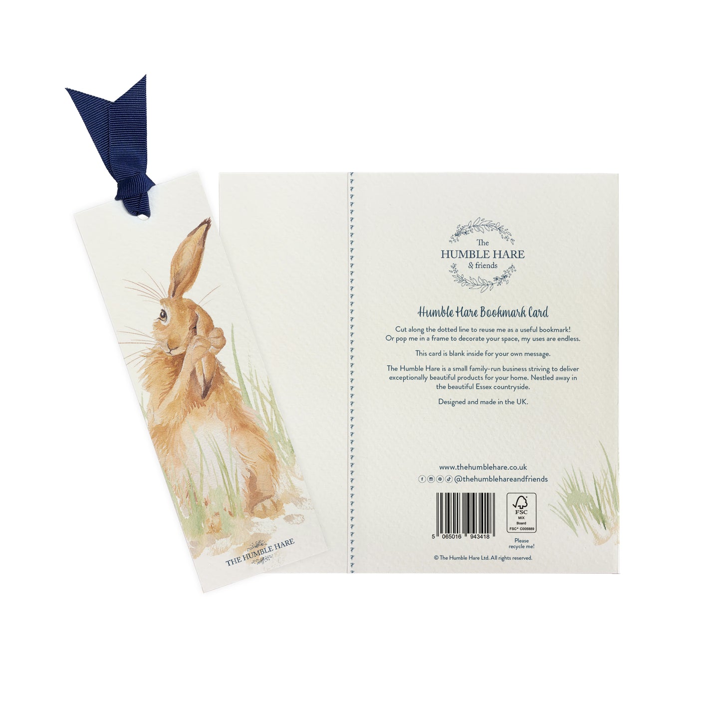 The back of a greetings card showing that it can be reused as a bookmark featuring a hare washing his ear in a watercolour style.