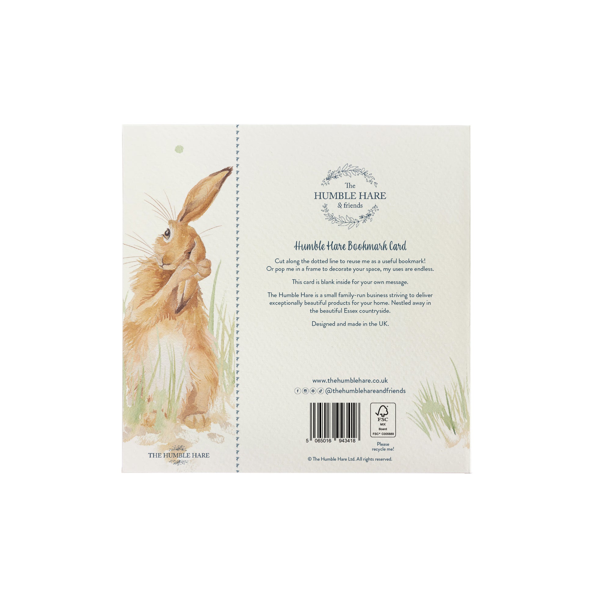 The back of a bookmark greetings card featuring a hare washing his ear in a watercolour style. The back of the card shows The Humble Hare logo and that the card is FSC certified.