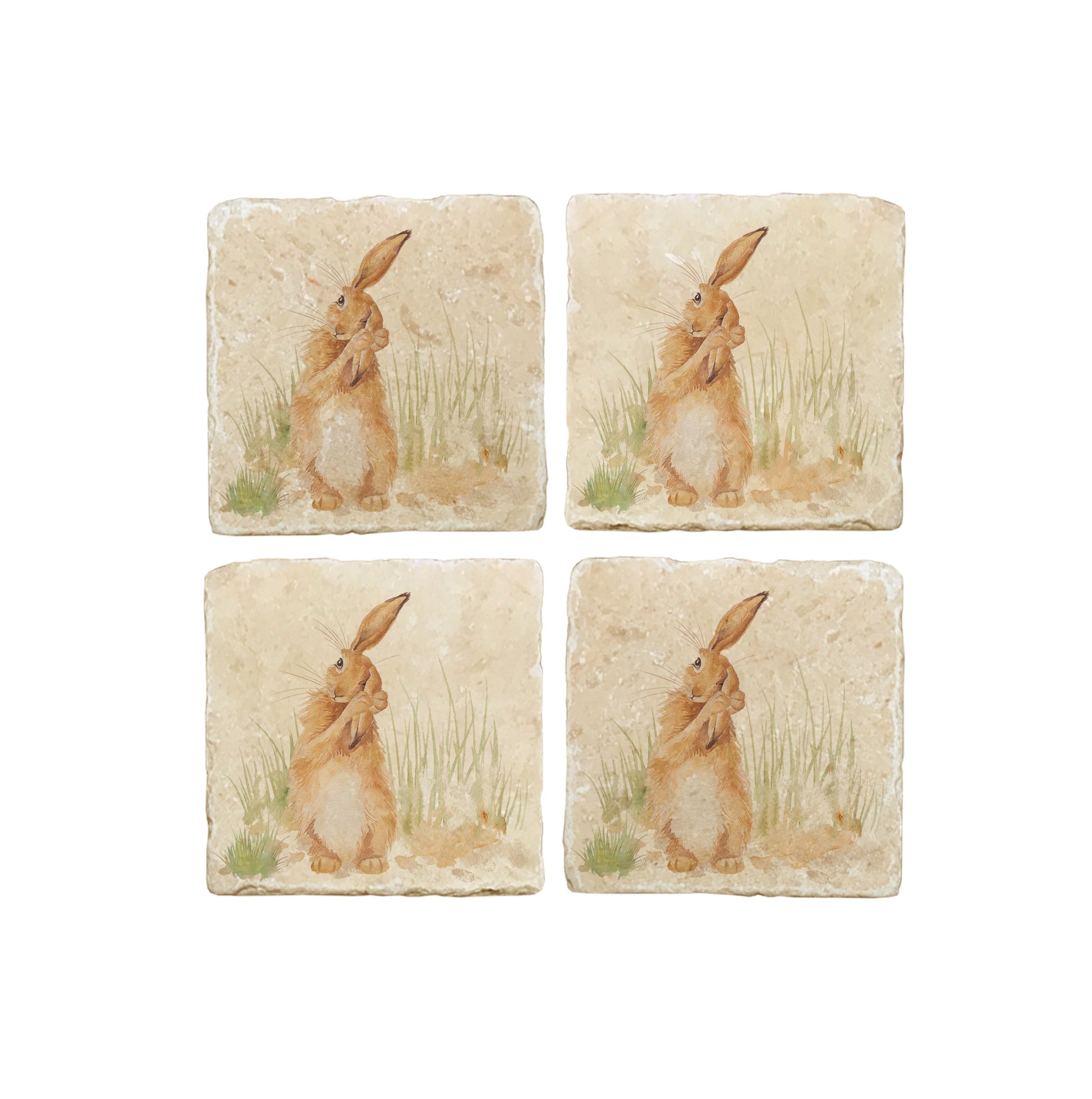 A set of 4 square marble coasters, featuring a watercolour design of a hare washing his ear..