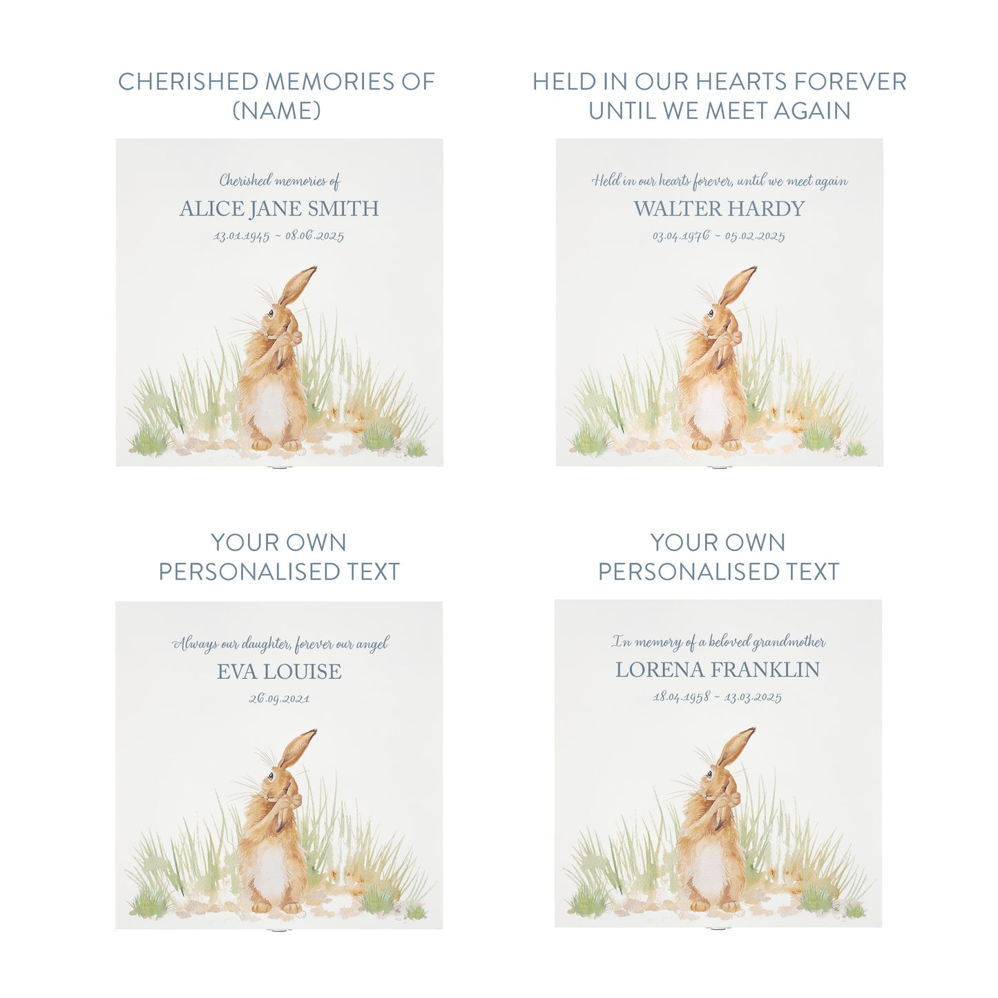 White Square personalised Wooden box with a decorative lid featuring illustrations Hare in a field Perfect funeral memory keepsake box, for storing ashes, order of service, flowers and capturing your loved ones things in one place.
