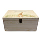 Wooden box with a decorative lid featuring animal illustrations on a wooden background. Perfect funeral memory keepsake box, for storing ashes, order of service, flowers, pictures. 