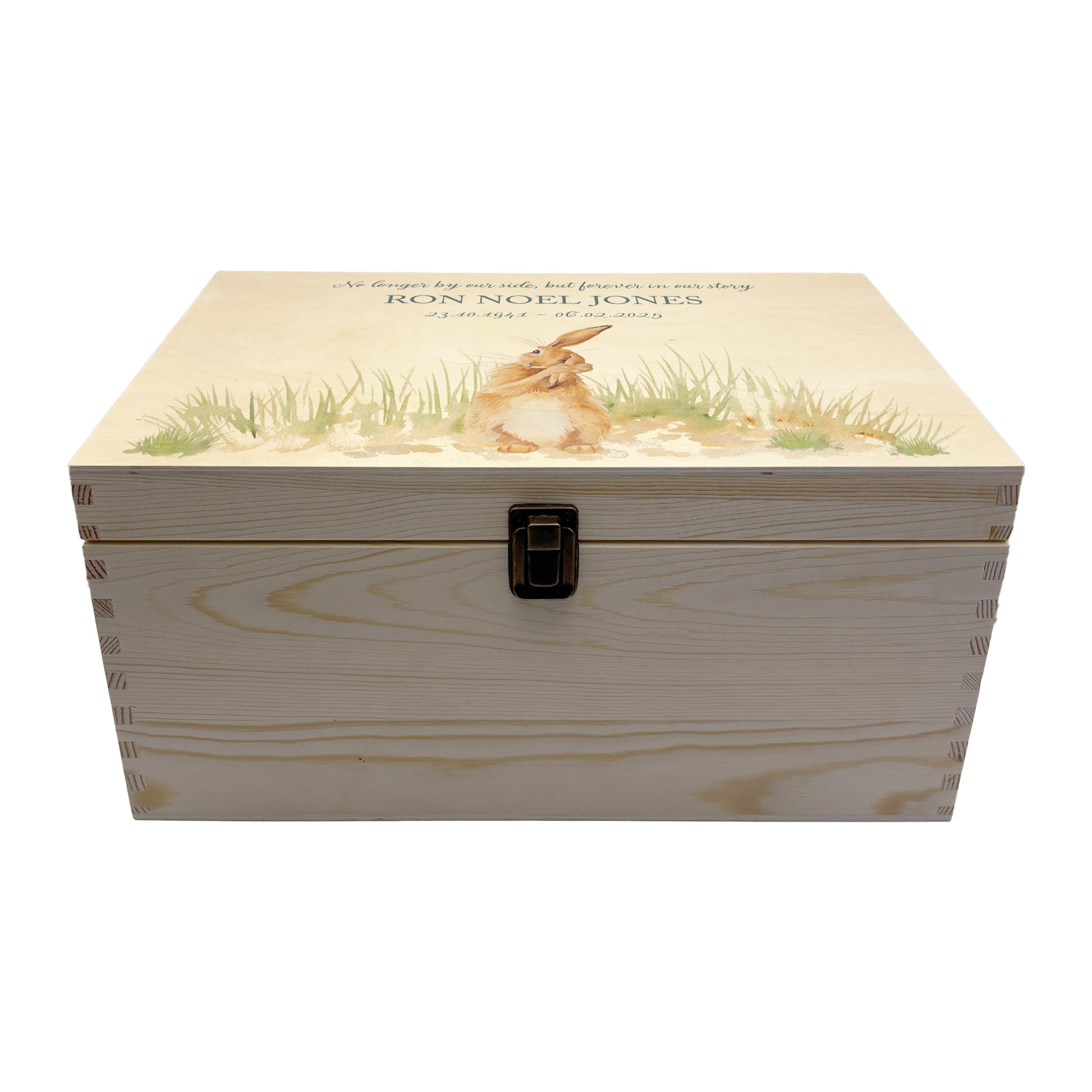Wooden box with a decorative lid featuring animal illustrations on a wooden background. Perfect funeral memory keepsake box, for storing ashes, order of service, flowers, pictures. 