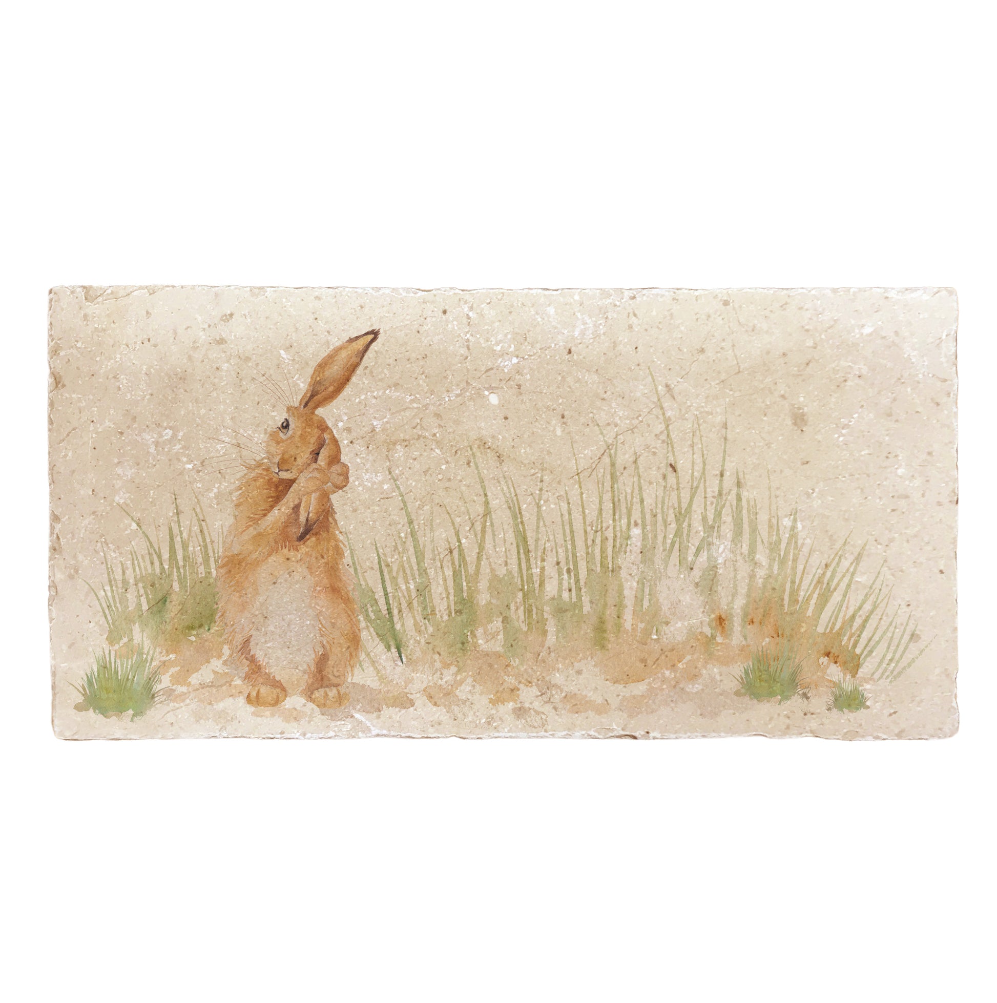 A handmade rectangle cream marble splashback tile featuring a watercolour countryside animal design of a hare in grass cleaning his ear.