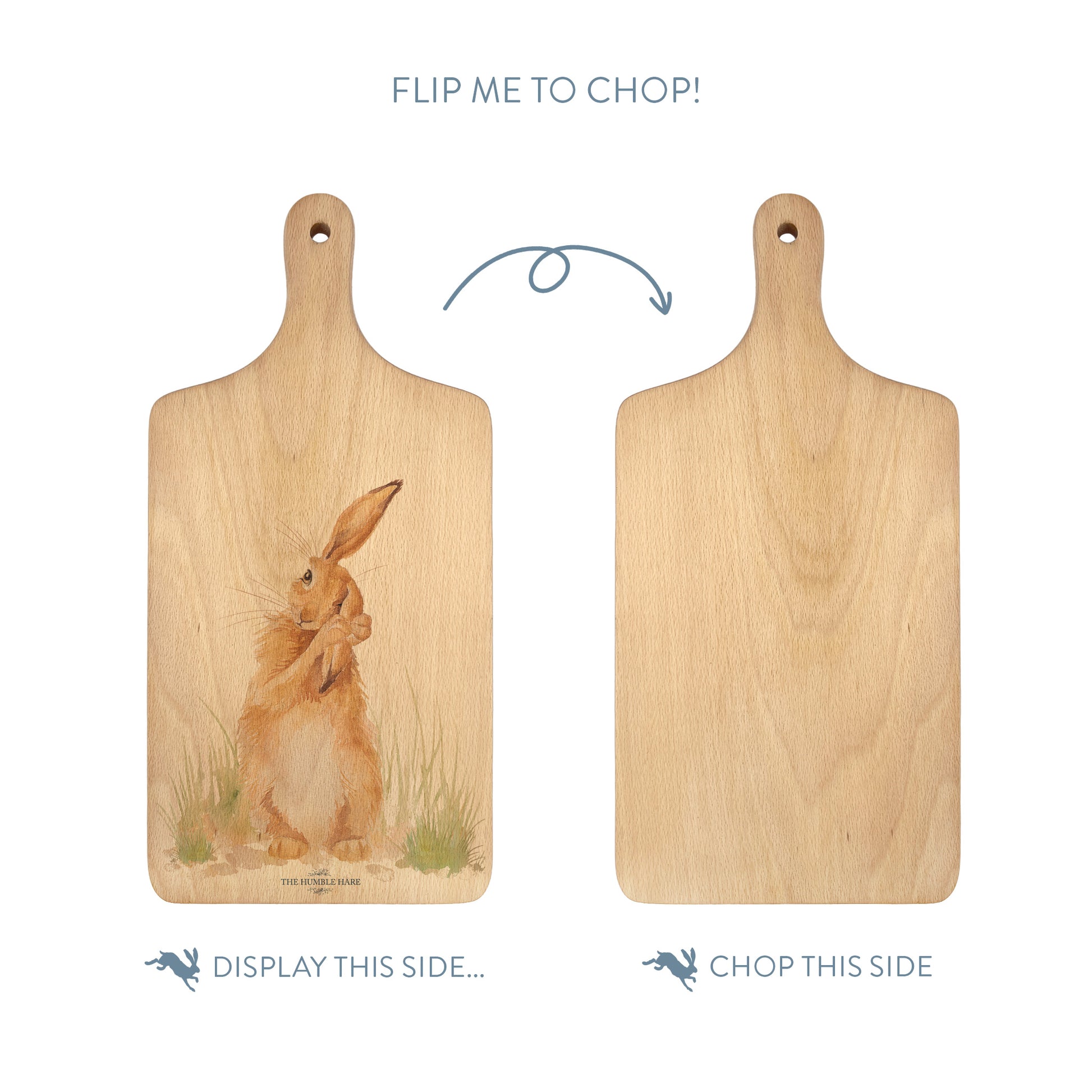 Handmade paddle board in Beech wood, featuring a painted Hare washing it ear with a hand tied luxury blue ribbon. 