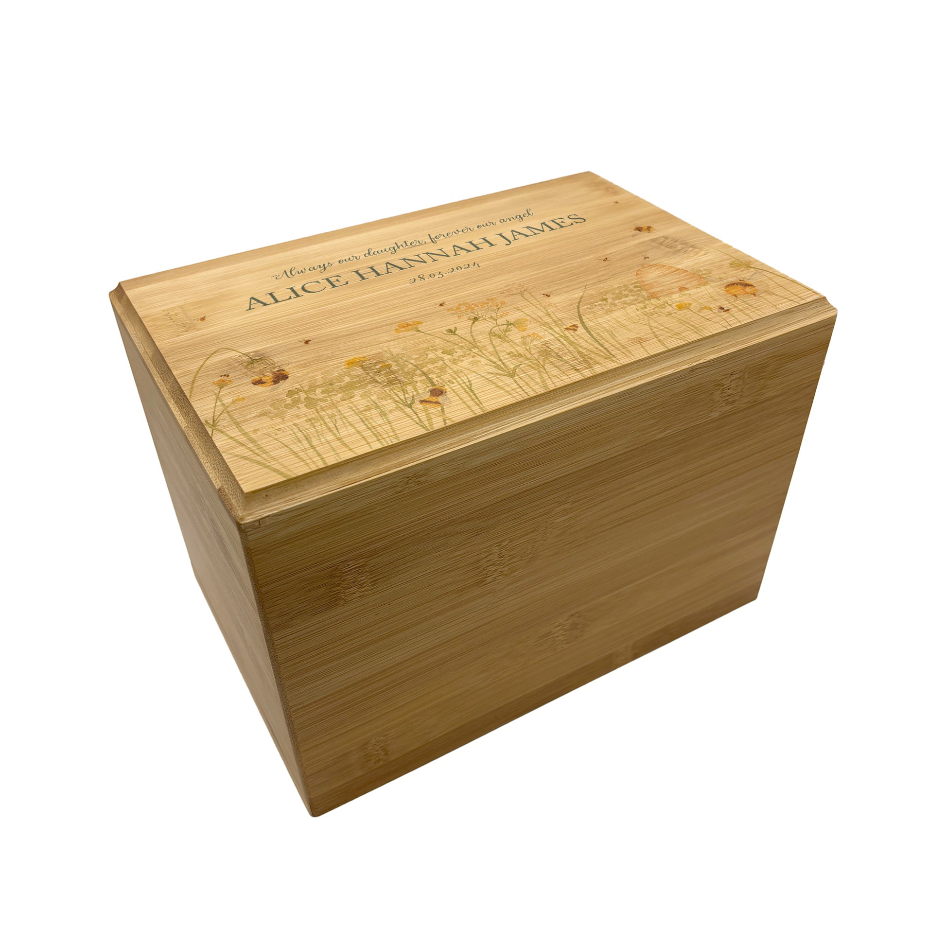 A beautifully crafted solid Bamboo wooden urn, finished with a soft watercolour design of a buzzy Bee flower meadow, Thoughtfully made for either display or burial, this personalised urn can be customised to create a meaningful memorial. Perfect for holding ashes of a loved one or a beloved pet, it serves as a comforting tribute and keepsake. 