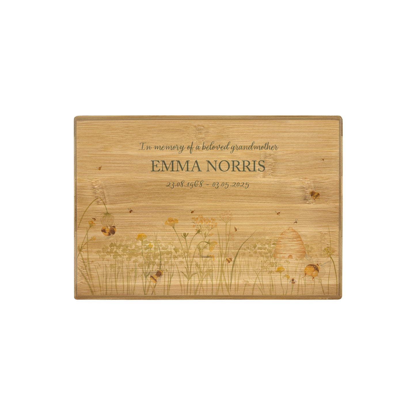 A beautifully crafted solid Bamboo wooden urn, finished with a soft watercolour design of a buzzy Bee flower meadow, Thoughtfully made for either display or burial, this personalised urn can be customised to create a meaningful memorial. Perfect for holding ashes of a loved one or a beloved pet, it serves as a comforting tribute and keepsake. 