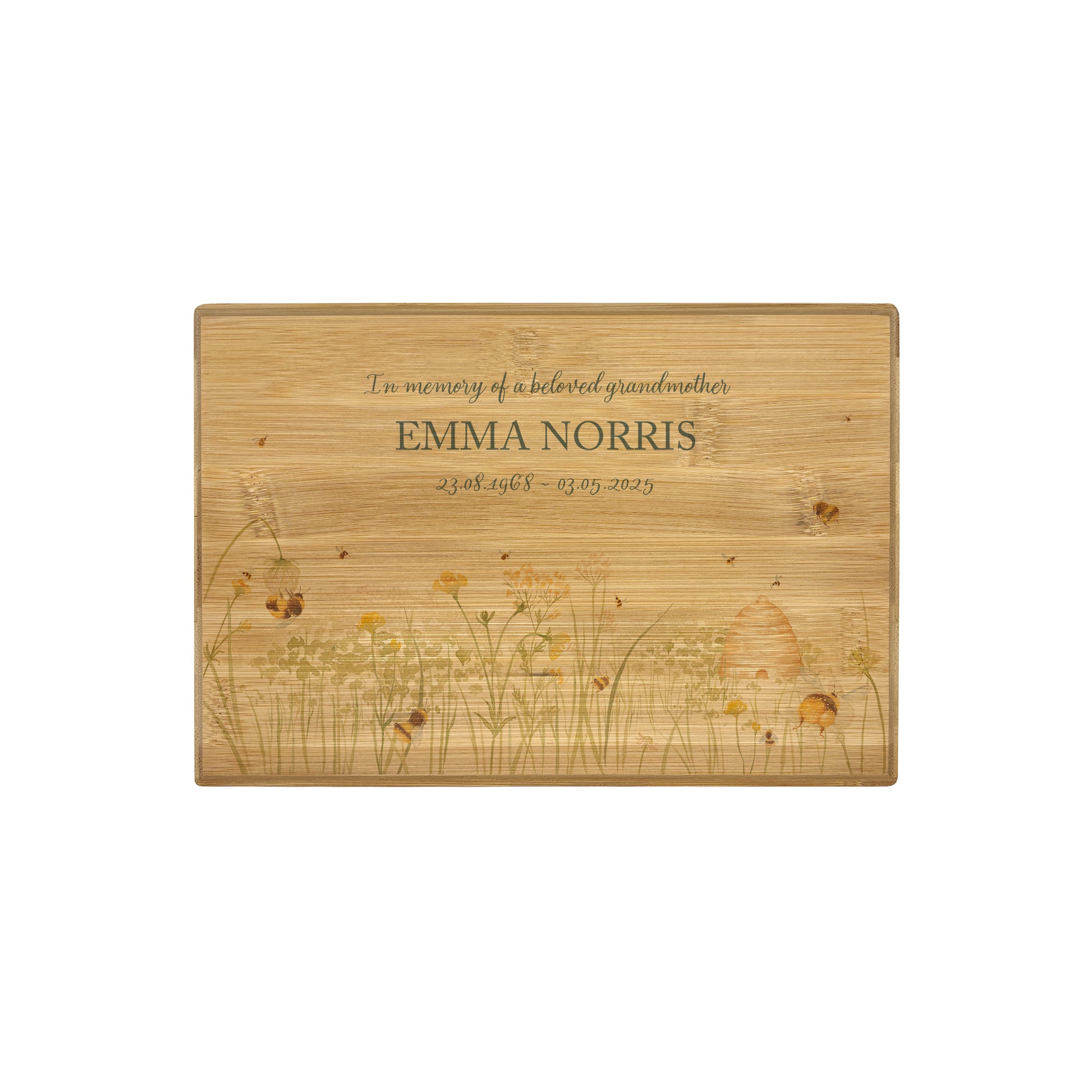 A beautifully crafted solid Bamboo wooden urn, finished with a soft watercolour design of a buzzy Bee flower meadow, Thoughtfully made for either display or burial, this personalised urn can be customised to create a meaningful memorial. Perfect for holding ashes of a loved one or a beloved pet, it serves as a comforting tribute and keepsake. 
