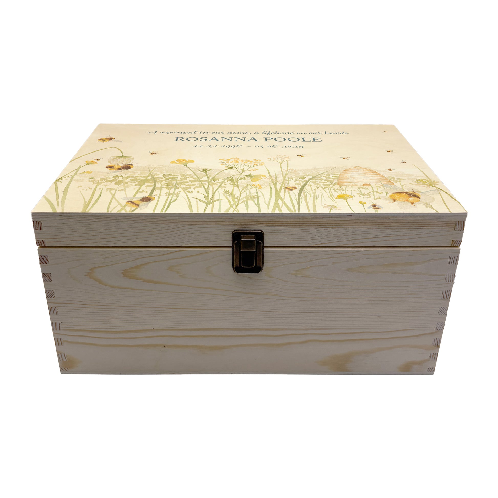 Wooden box with a lid featuring an illustration of a Bees on a wooden background Perfect funeral memory keepsake box, for storing ashes, order of service, flowers, pictures.