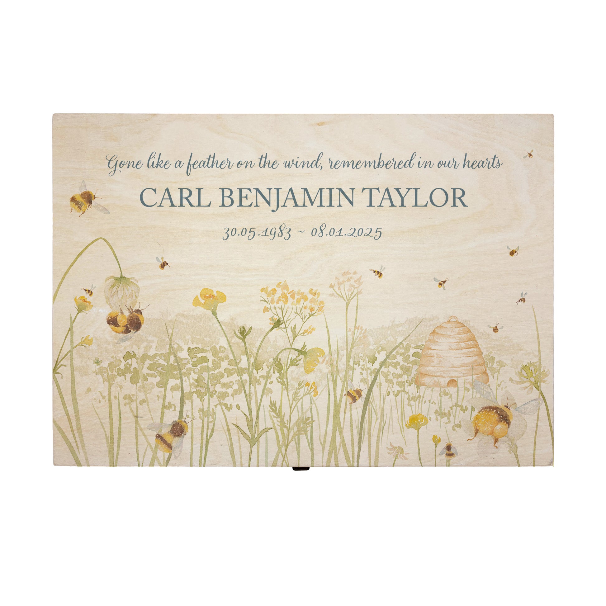 Wooden box with a lid featuring an illustration of a Bees on a wooden background Perfect funeral memory keepsake box, for storing ashes, order of service, flowers, pictures.