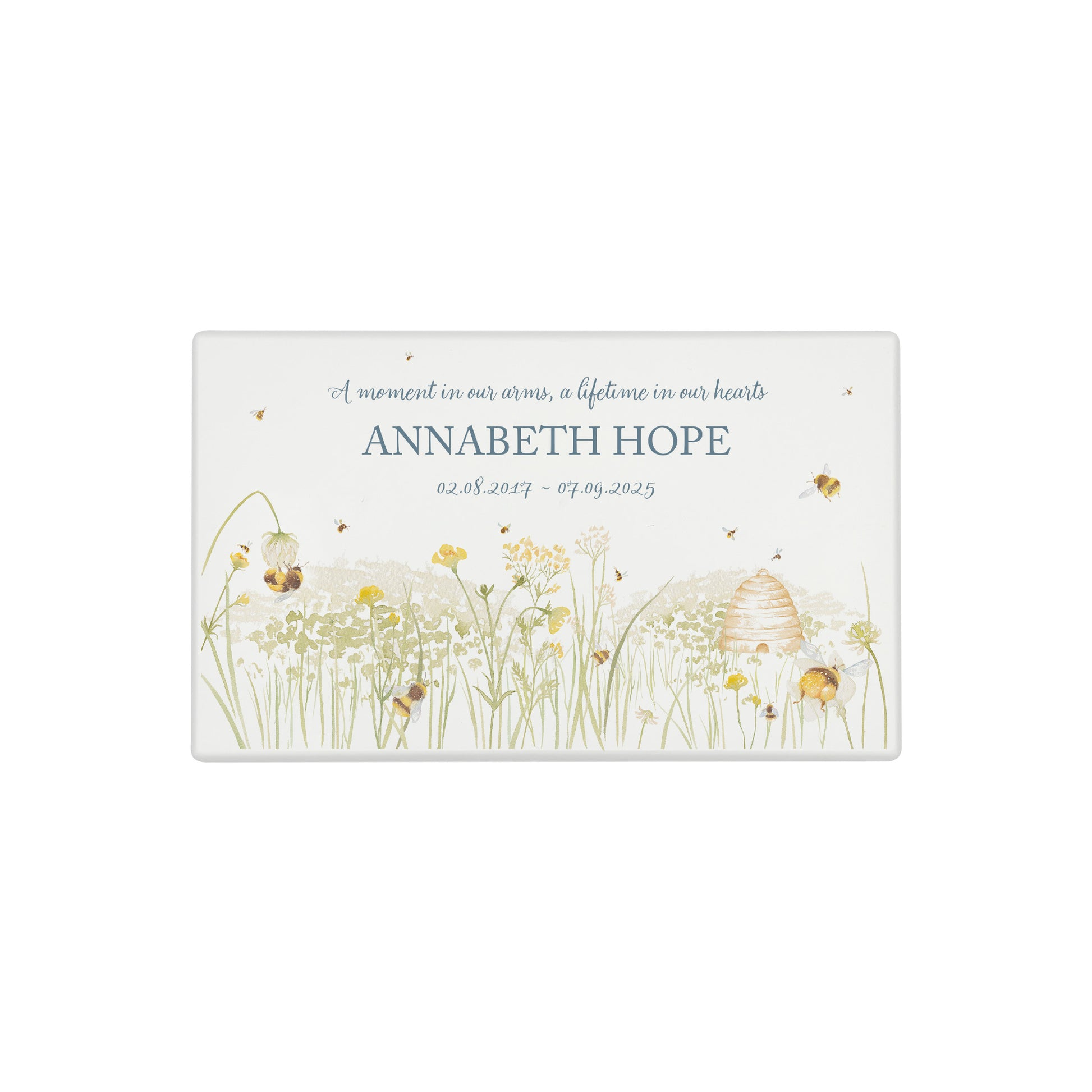Luxury solid wooden white painted Urn featuring a Bee flower meadow and buzzy bees. A watercolour illustration, our urns and Caskets for displaying or burying ashes. Customisable and can be personalised. Perfect funeral memory keepsake urn, for storing ashes for humans and pets. 