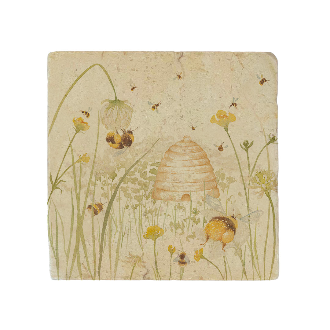 A medium square multipurpose marble platter, featuring a watercolour design of bees and a beehive in a buttercup meadow.