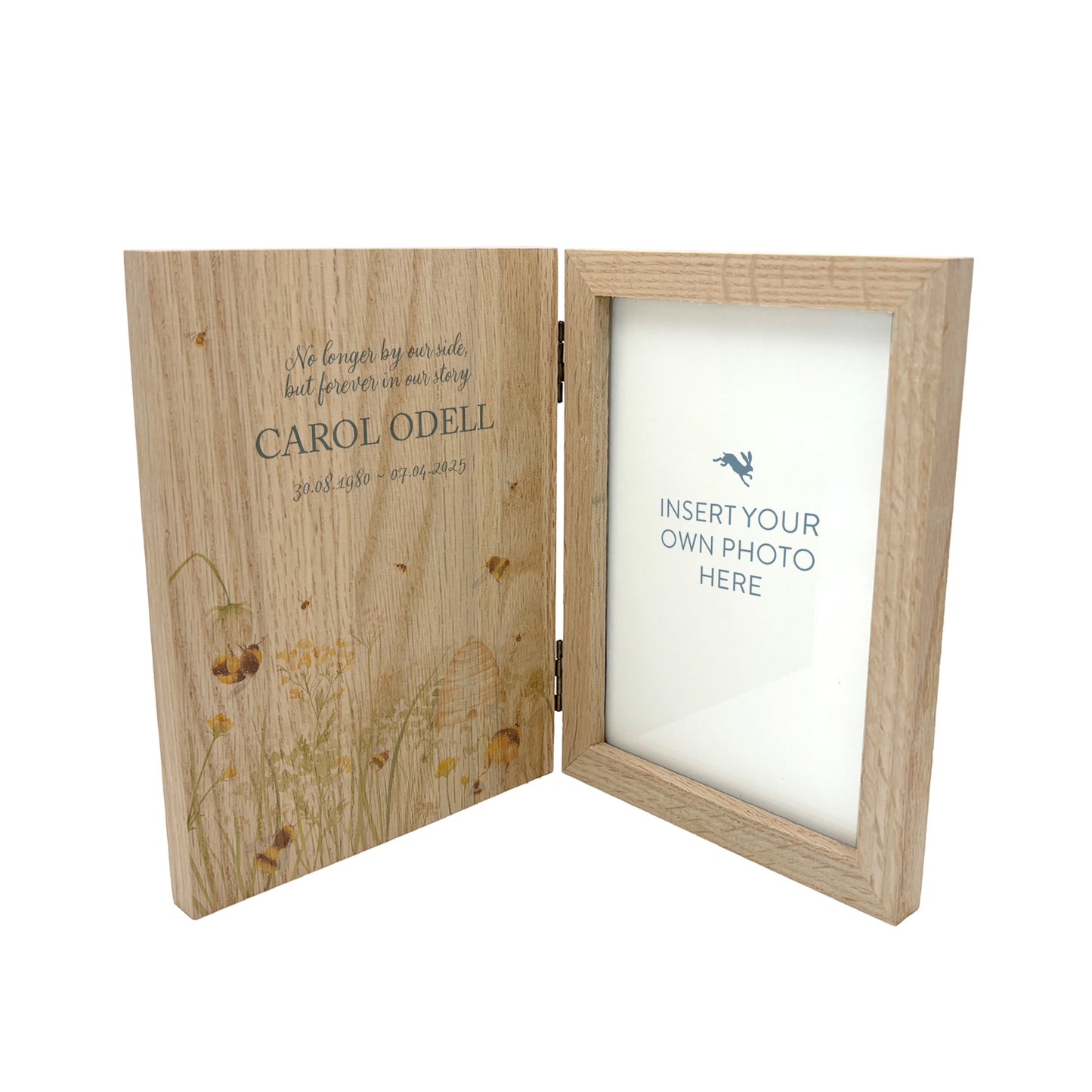 Memorial Solid Oak Photo Frame, personalise with your own message or select from our drop down selection. handmade watercolour paintings, this design features A Bee Meadow 