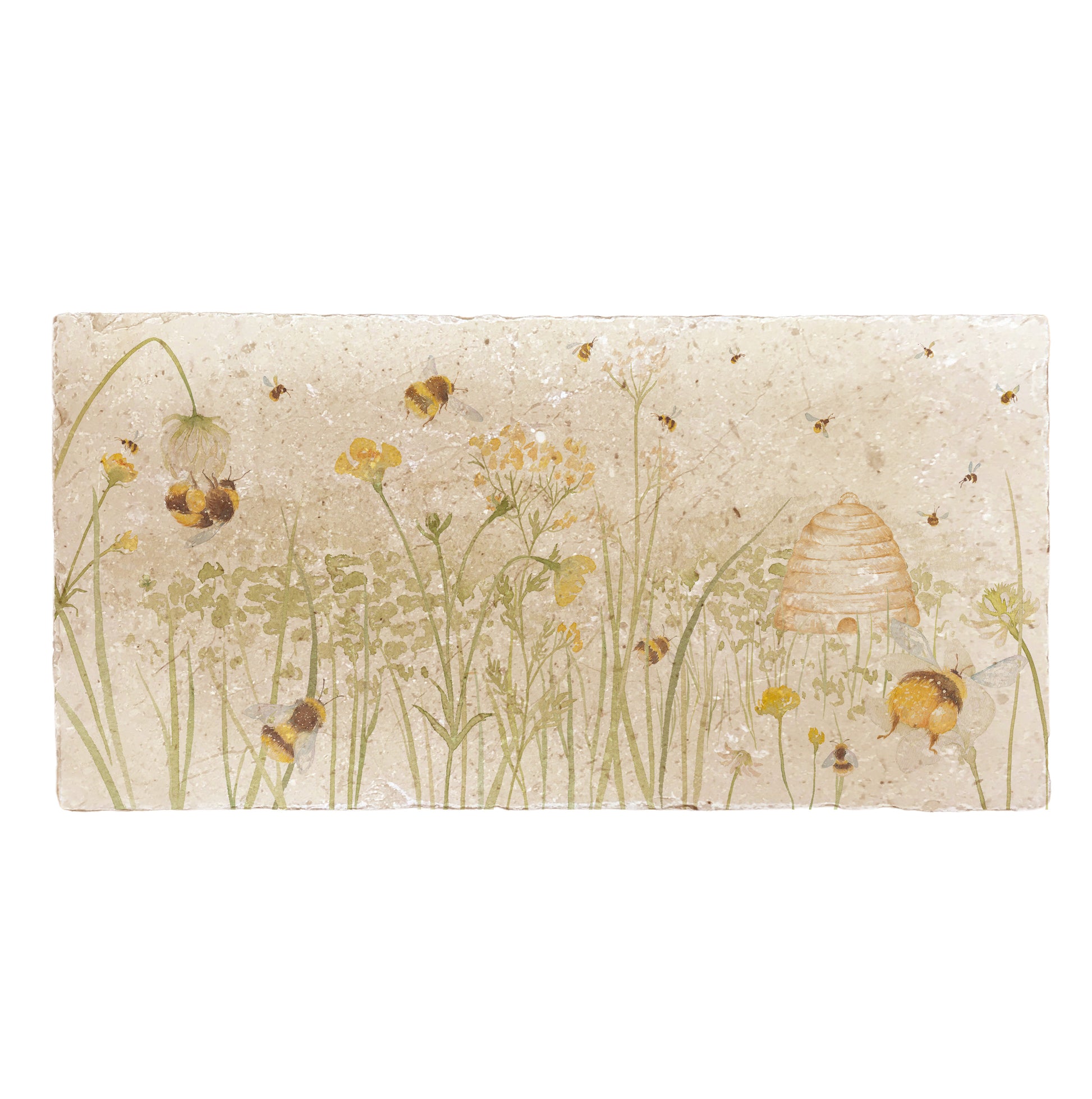 A handmade rectangle cream marble splashback tile featuring a watercolour design showing a buttercup meadow full of bumblebees and honey bees around their beehive.