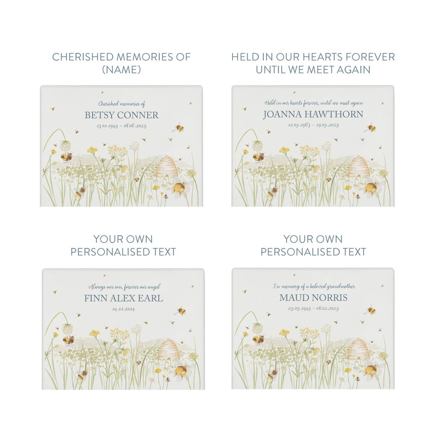 Luxury solid wooden white painted Bee Meadow watercolour illustration our urns and Caskets for displaying or burying ashes. Customisable and can be personalised. Perfect funeral memory keepsake urn, for storing ashes for humans and pets.