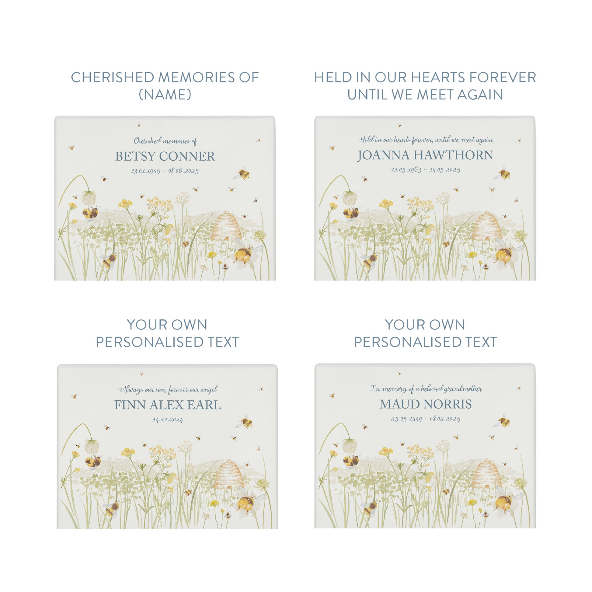 Luxury solid wooden white painted Bee Meadow watercolour illustration our urns and Caskets for displaying or burying ashes. Customisable and can be personalised. Perfect funeral memory keepsake urn, for storing ashes for humans and pets.