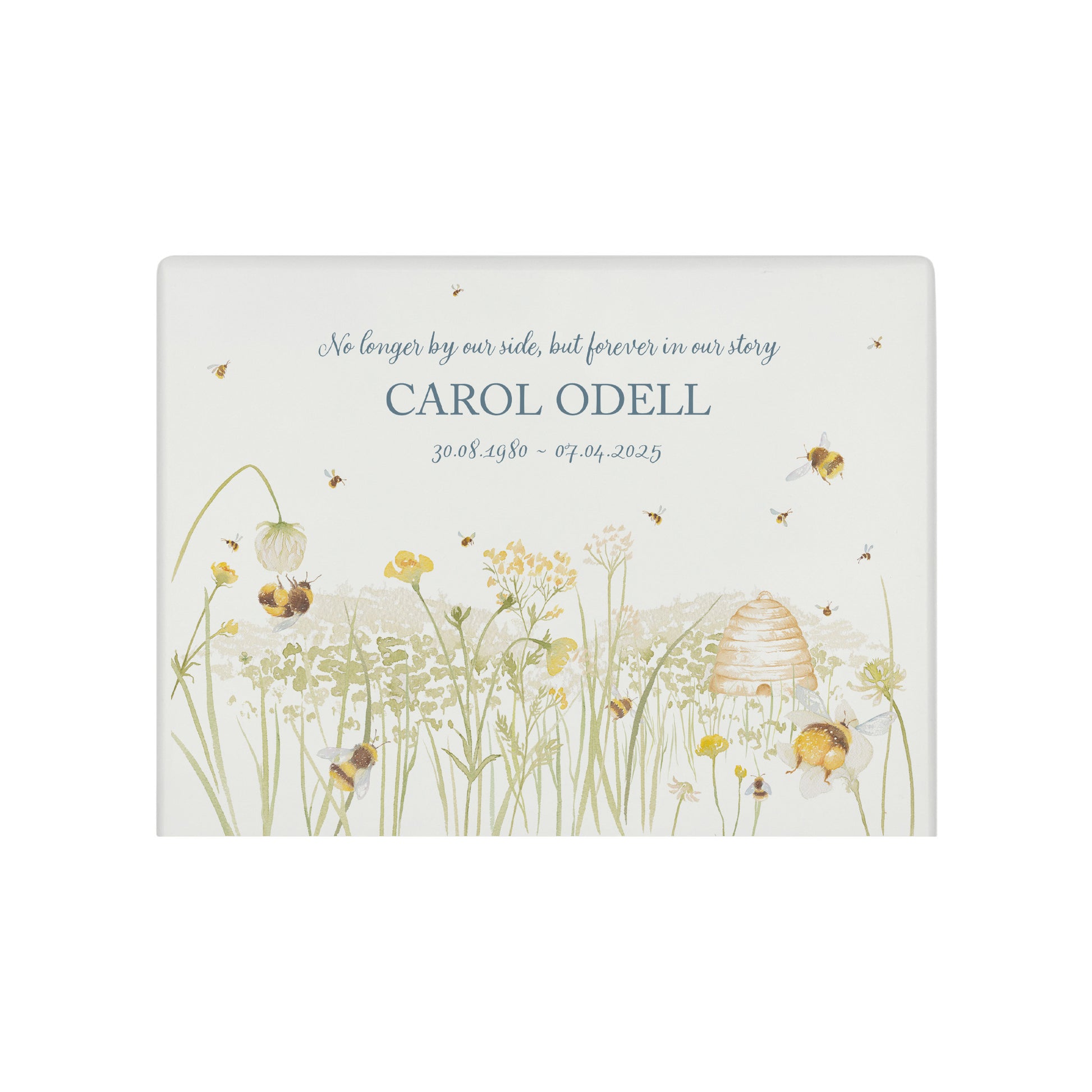 Luxury solid wooden white painted Bee Meadow watercolour illustration our urns and Caskets for displaying or burying ashes. Customisable and can be personalised. Perfect funeral memory keepsake urn, for storing ashes for humans and pets.