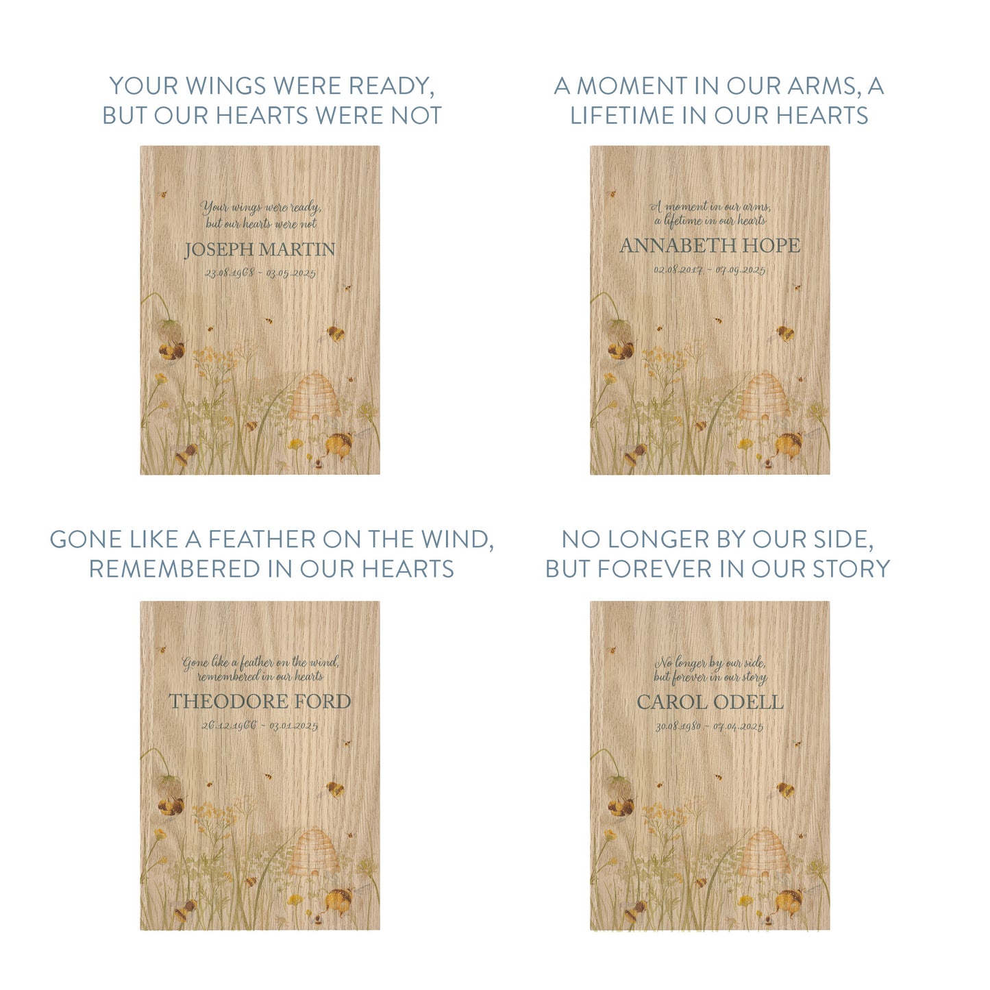 Memorial Solid Oak Photo Frame, personalise with your own message or select from our drop down selection. handmade watercolour paintings, this design features A Bee Meadow 