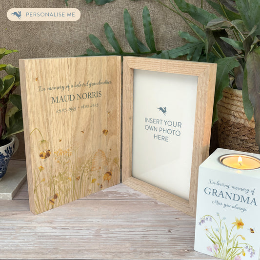 Memorial Solid Oak Photo Frame, personalise with your own message or select from our drop down selection. handmade watercolour paintings, this design features A Bee Meadow 