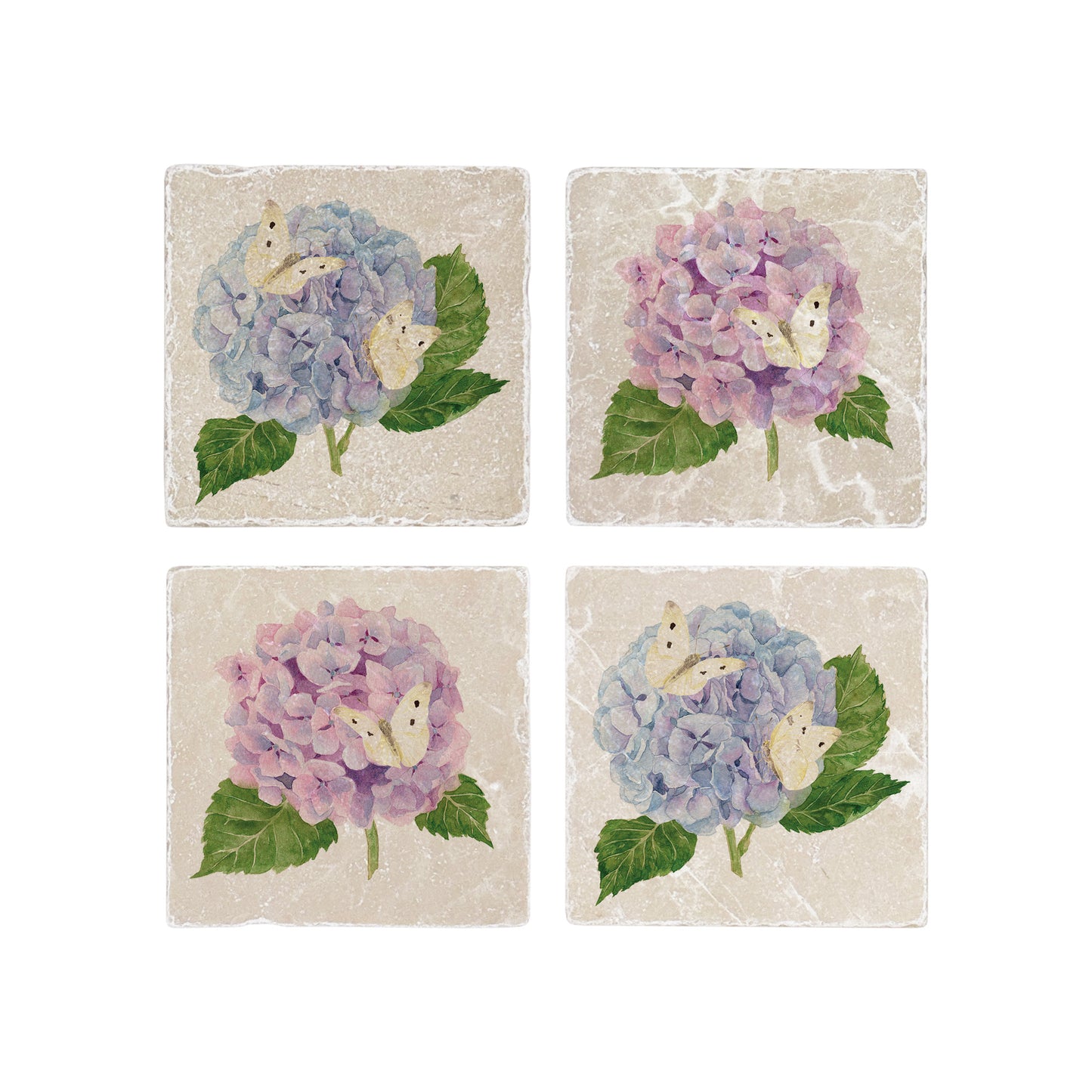Stunning watercolour marble set of 4 coasters featuring The Humble Hares classic style Pinks, blue and purples with some beautiful Butterflies landing on the stunning flowers. 
