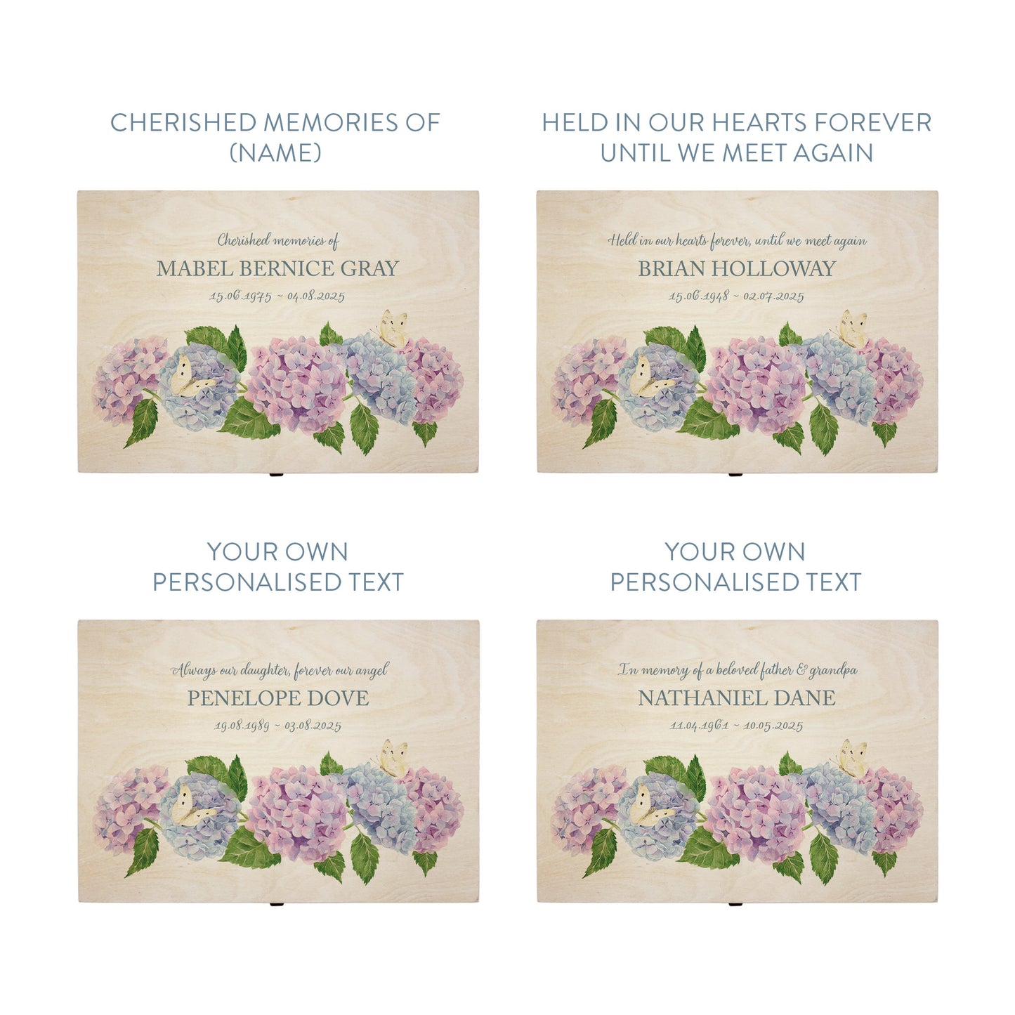 Wooden box with a lid featuring an illustrations of Hydrangeas and Butterflies, Perfect funeral memory keepsake box, for storing ashes, order of service, flowers, pictures. 