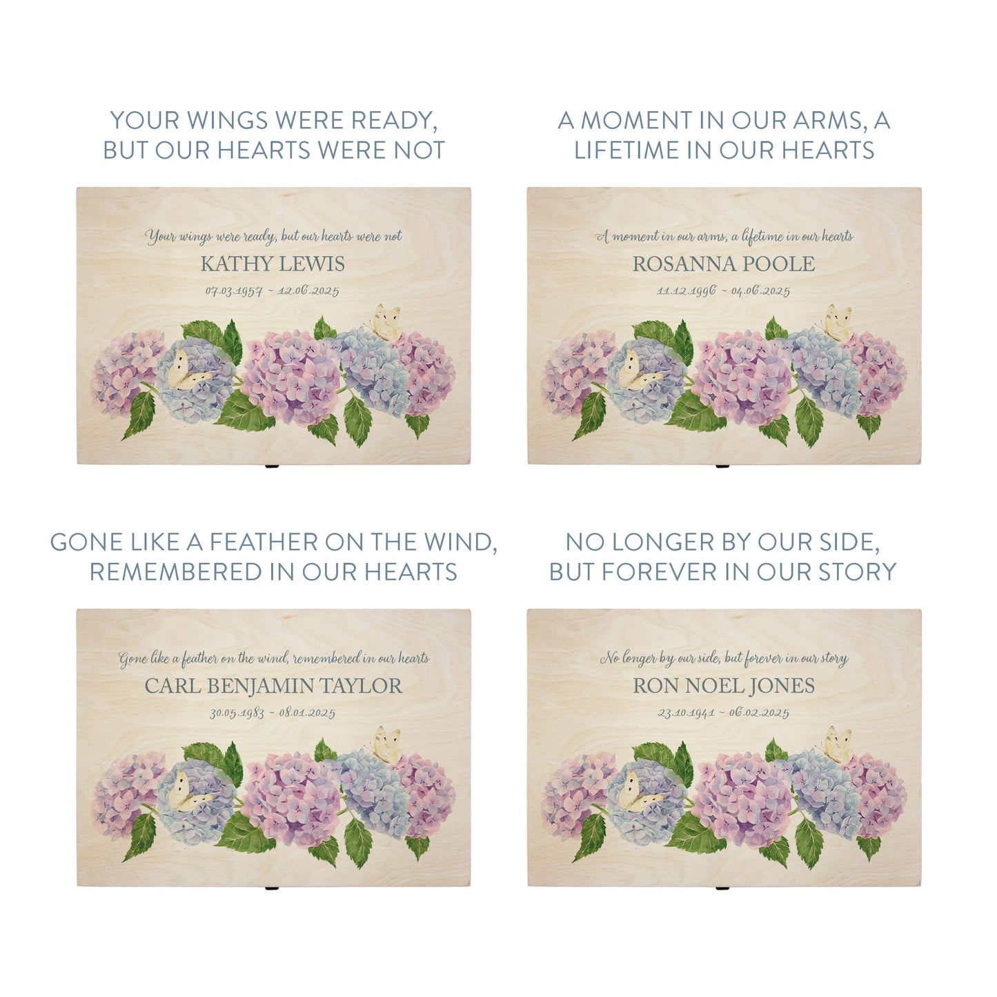Wooden box with a lid featuring an illustrations of Hydrangeas and Butterflies, Perfect funeral memory keepsake box, for storing ashes, order of service, flowers, pictures. 