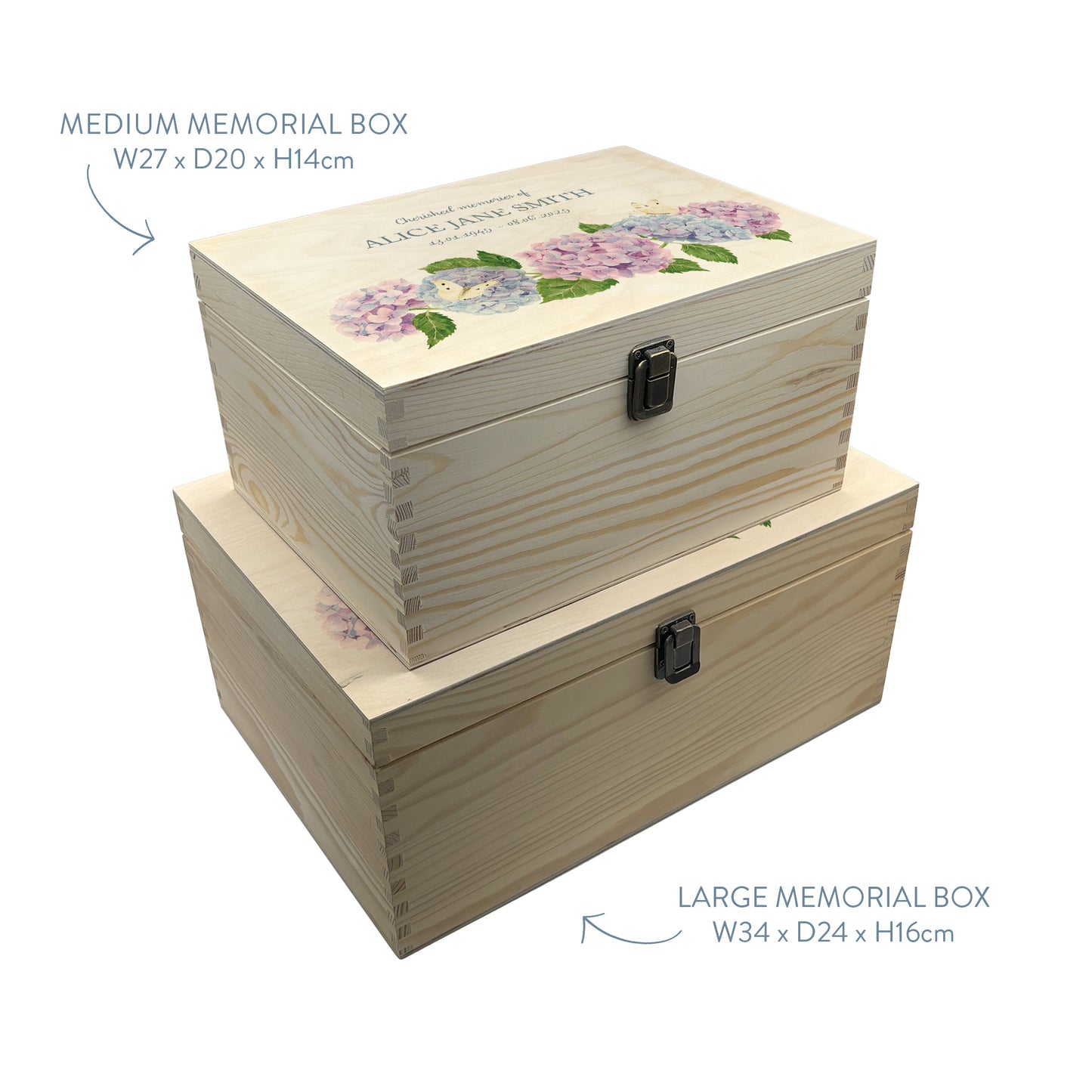 Wooden box with a lid featuring an illustrations of Hydrangeas and Butterflies, Perfect funeral memory keepsake box, for storing ashes, order of service, flowers, pictures. 