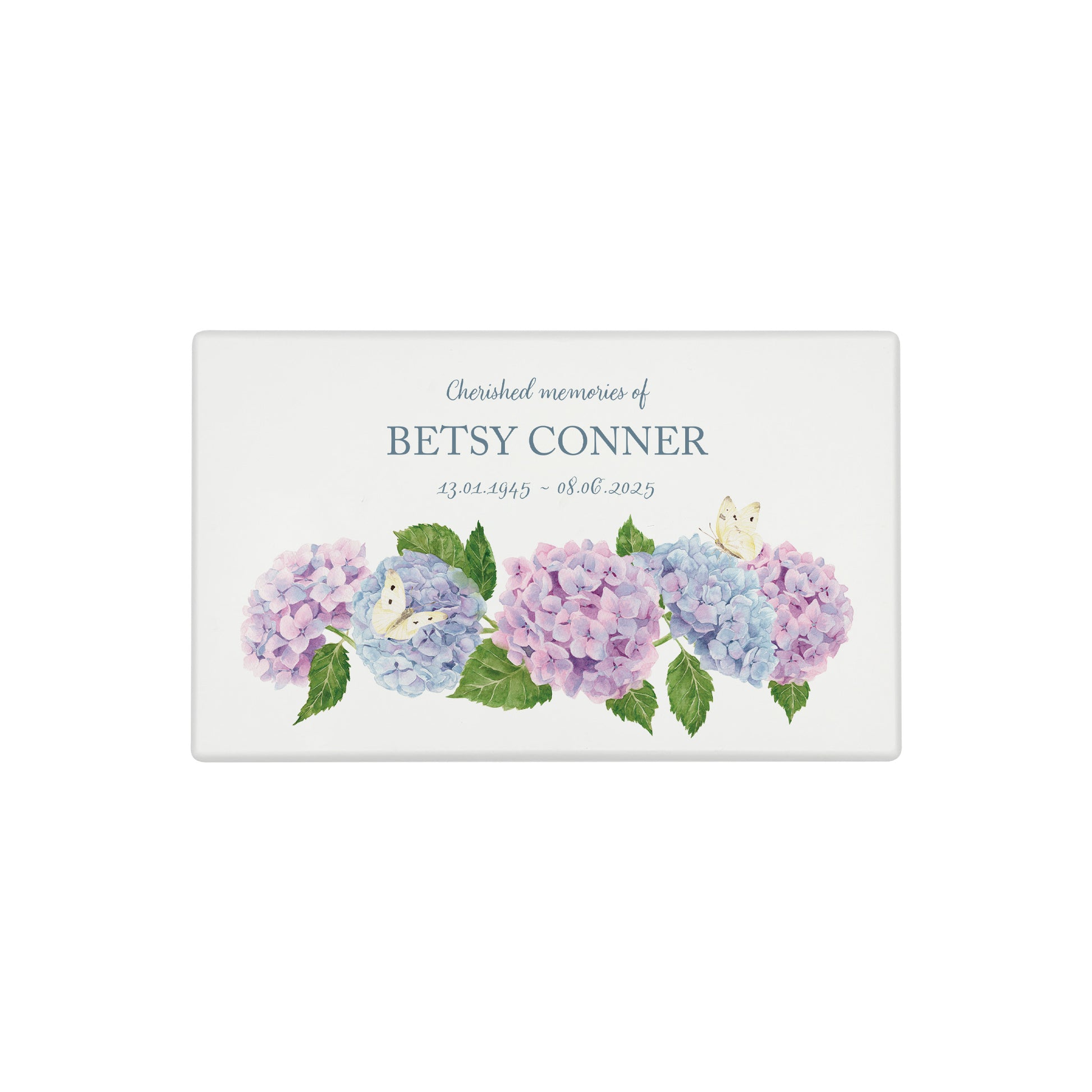 Luxury solid wooden white painted Urn with  Hydrangeas and butterflies, a watercolour illustration, our urns and Caskets for displaying or burying ashes. Customisable and can be personalised. Perfect funeral memory keepsake urn, for storing ashes for humans and pets. 