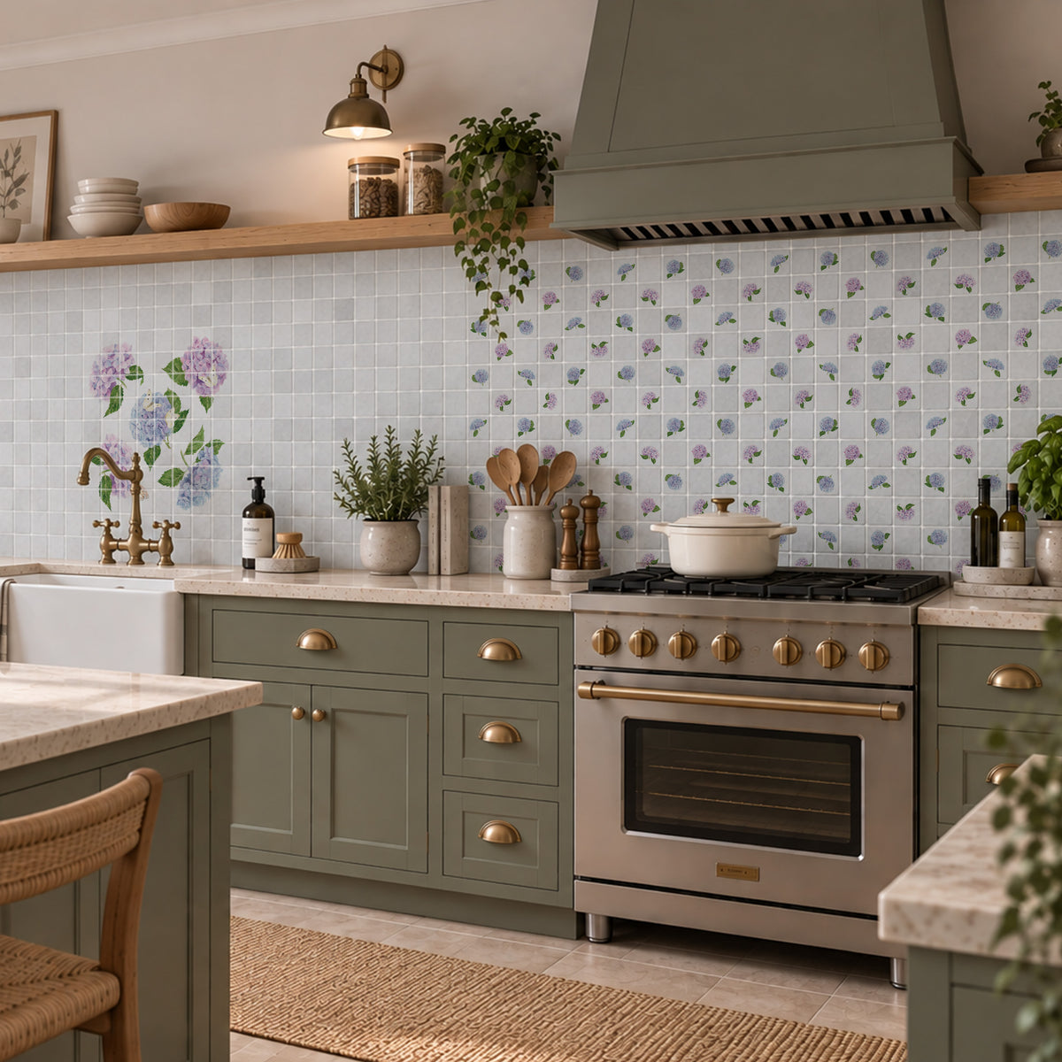 Mosaic splashback with a watercolour Hydrangea Flower design perfect for  behind an Aga, kitchen sink, shower or windowsill 