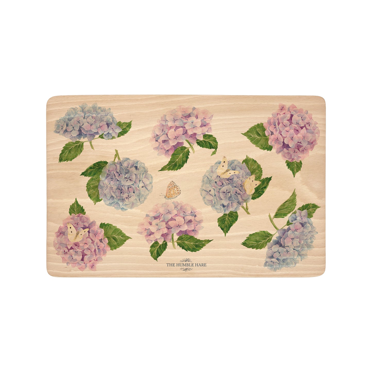 Hydrangea Flowers in a water colour style with butterfly's landing on them 