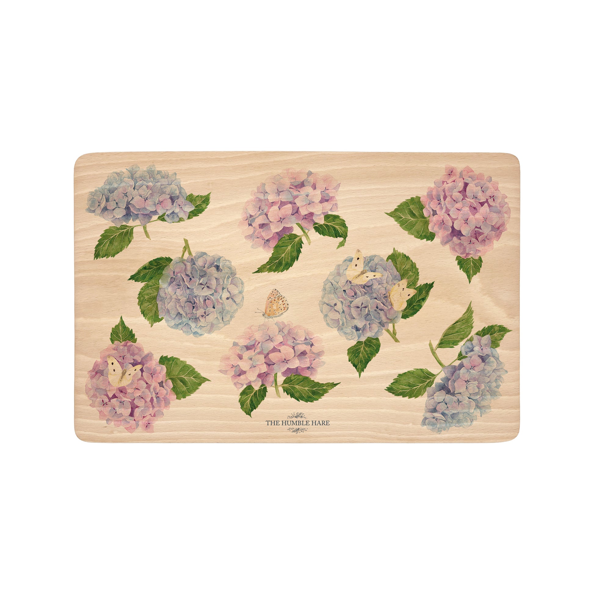 Hydrangea Flowers in a water colour style with butterfly's landing on them 