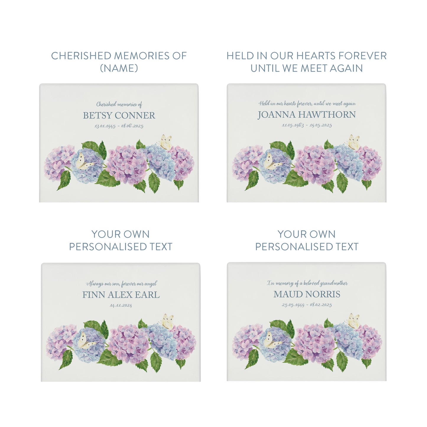 Luxury solid wooden white painted Hydrangea watercolour illustration our urns and Caskets for displaying or burying ashes. Customisable and can be personalised. Perfect funeral memory keepsake urn, for storing ashes for humans and pets.