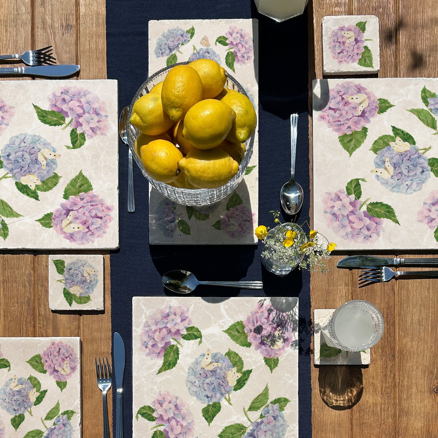 Stunning watercolour marble set of 4 coasters featuring The Humble Hares classic style Pinks, blue and purples with some beautiful Butterflies landing on the stunning flowers. 
