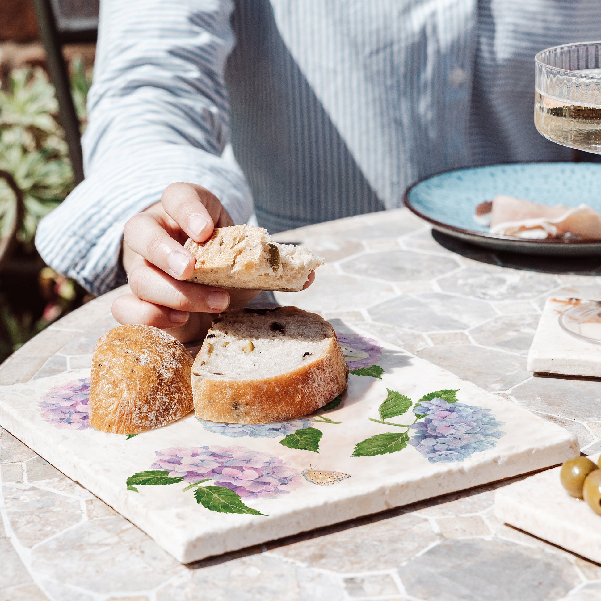 Stunning watercolour marble medium platter featuring The Humble Hares classic style Pinks, blue and purples with some beautiful Butterflies landing on the beautiful flowers. 