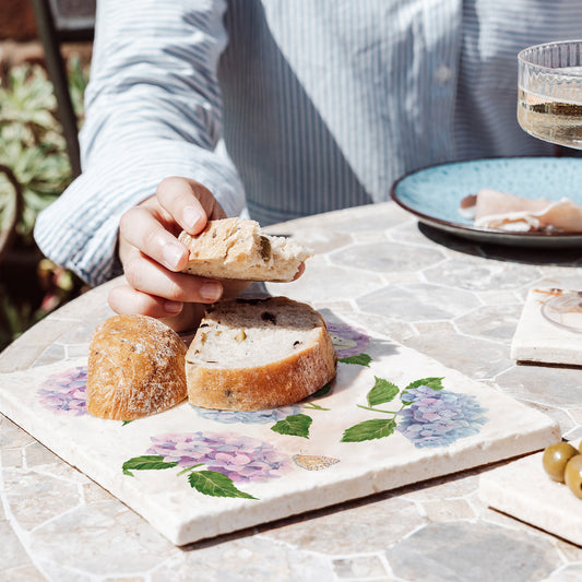 Stunning watercolour marble medium platter featuring The Humble Hares classic style Pinks, blue and purples with some beautiful Butterflies landing on the beautiful flowers. 
