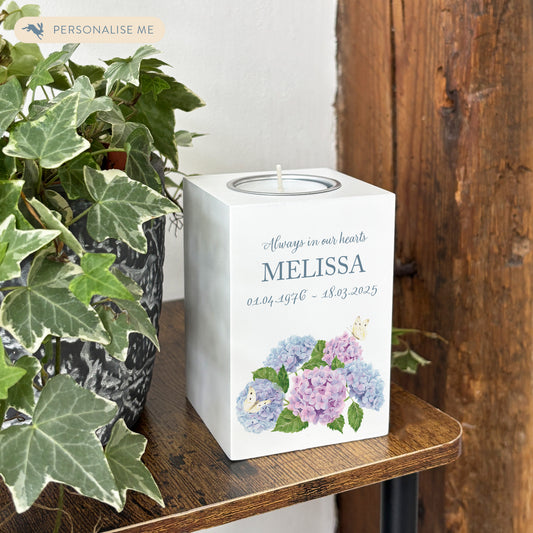 wooden cuboid luxury tealight holder with gorgeous personalised options . Each product is lovingly designed, handmade with our Countryside inspired watercolour designs. This design feature Hydrangeas and Butterflies,  unique designs to remember a loved on, great for memorial occasions 