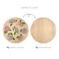 Wooden cutting board with a hydrangea flower illustration on one side and plain wood on the other, with text indicating which side to display and which to chop.