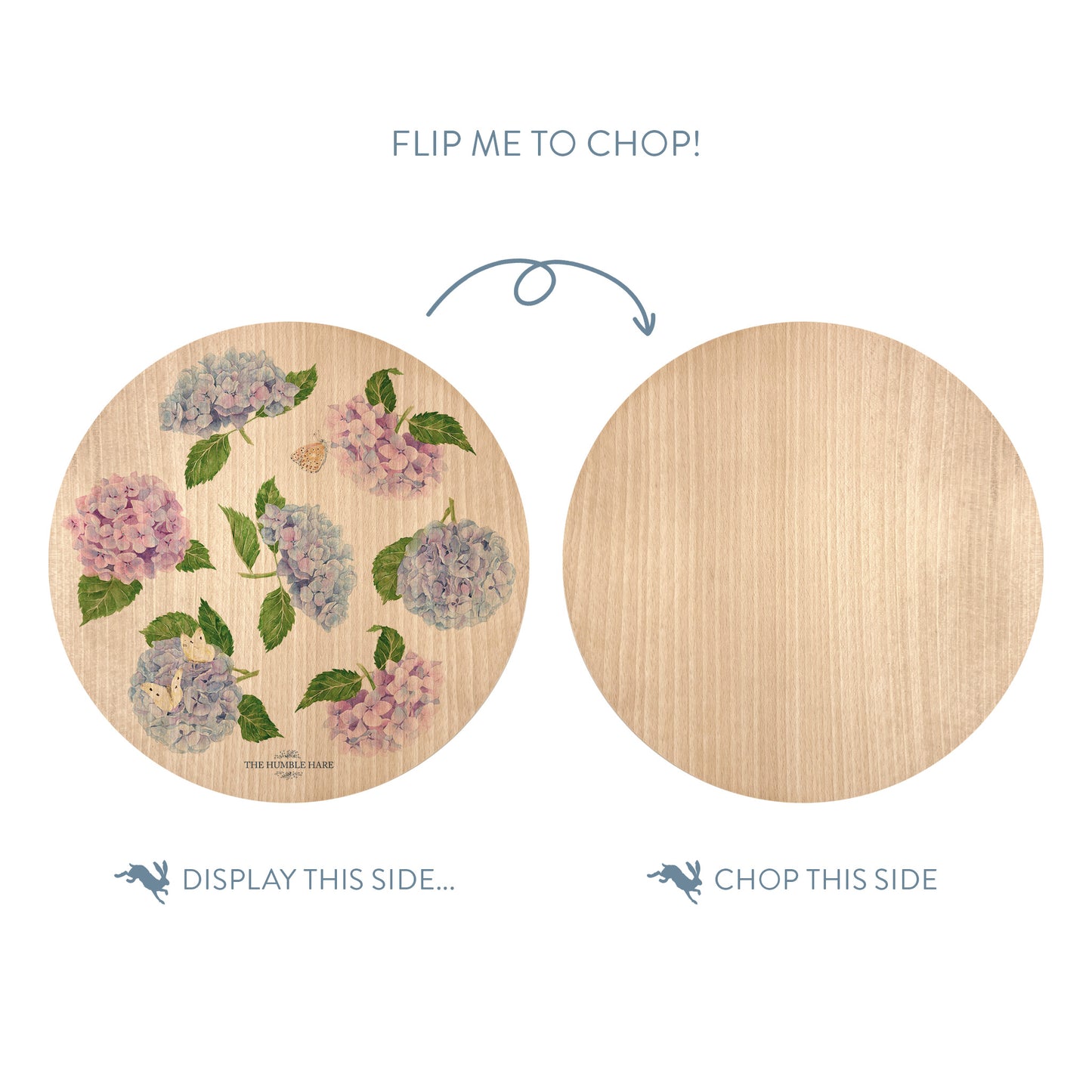 Wooden cutting board with a hydrangea flower illustration on one side and plain wood on the other, with text indicating which side to display and which to chop.