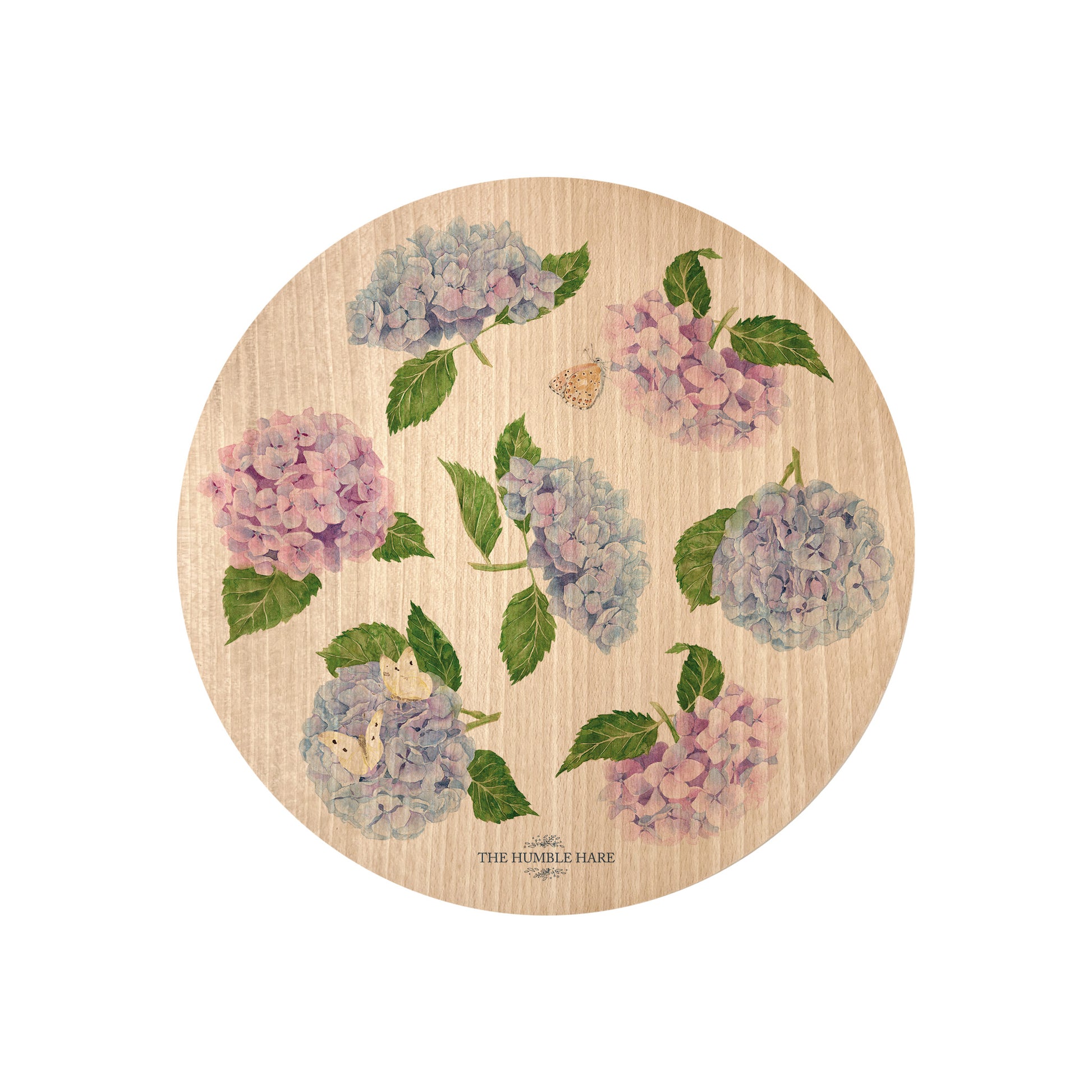 Round beech wood chopping board featuring a watercolour floral pattern of blue and pink hydrangea flowers and butterflies.