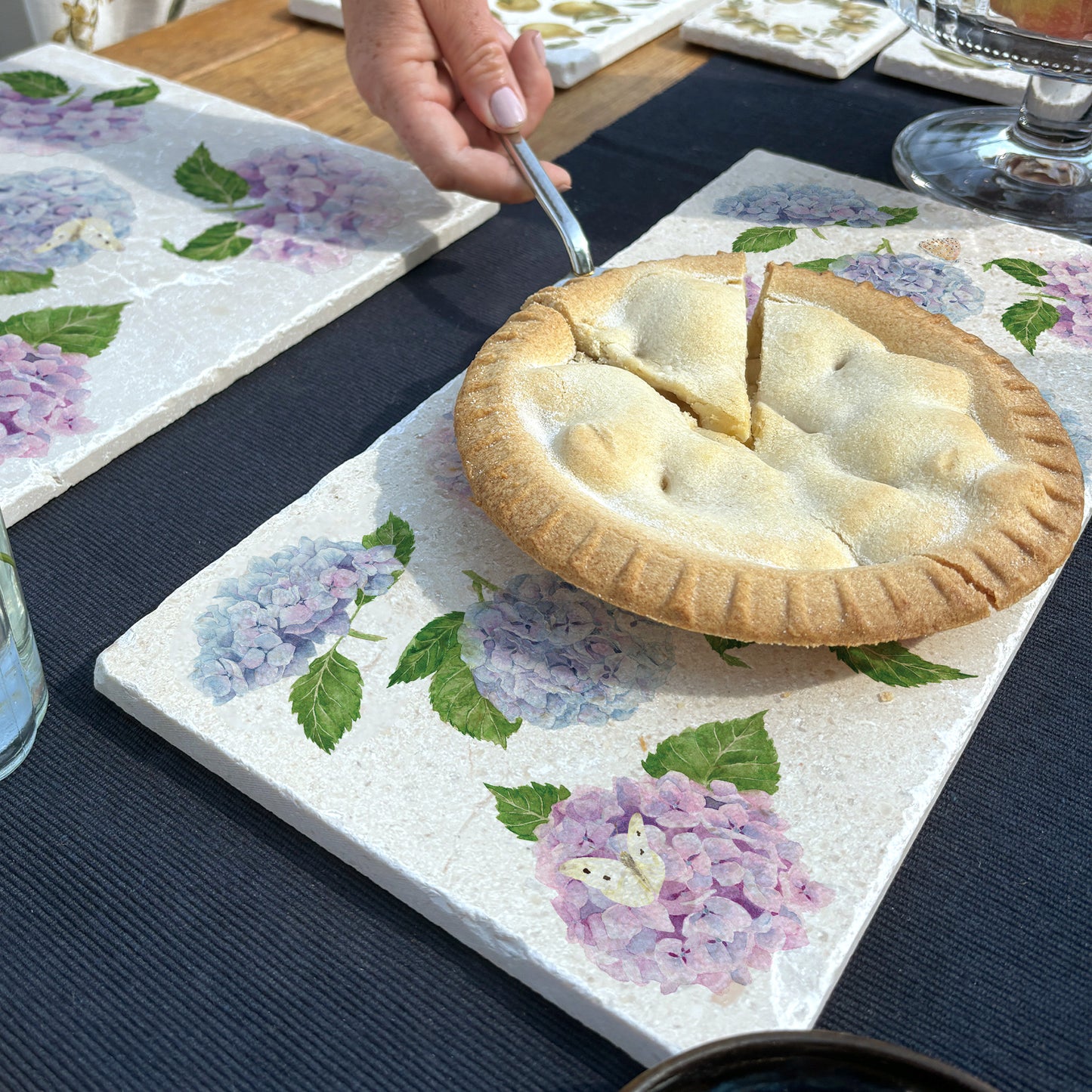 Stunning watercolour marble sharing platter featuring The Humble Hares classic style Pinks, blue and purples with some beautiful Butterflies landing on the stunning flowers. 
